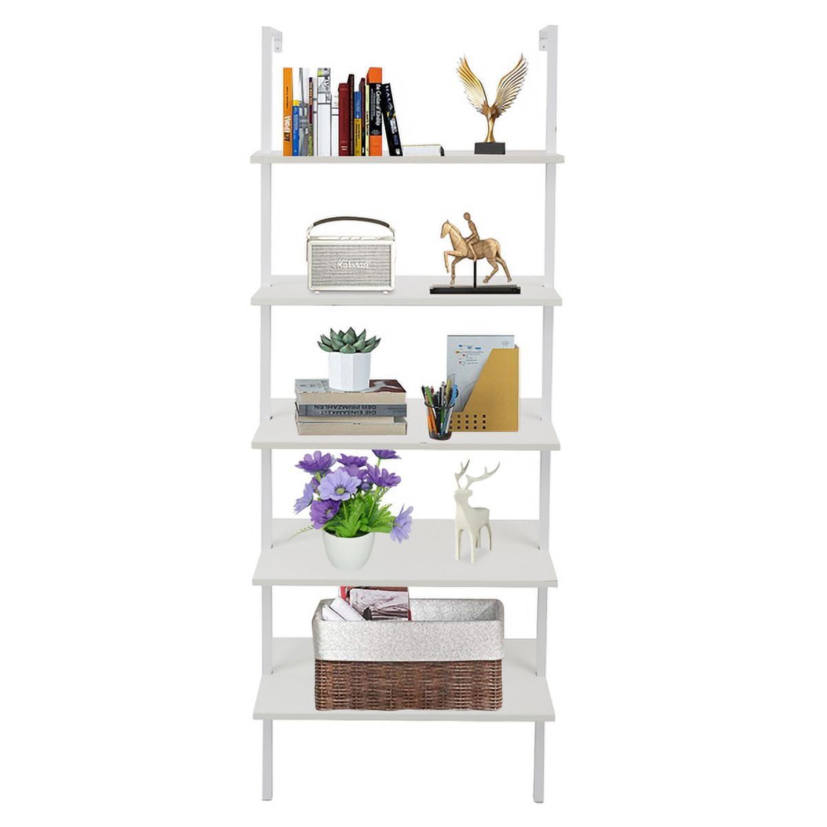 White Adjustable 5-Tier Wood Ladder Bookshelf