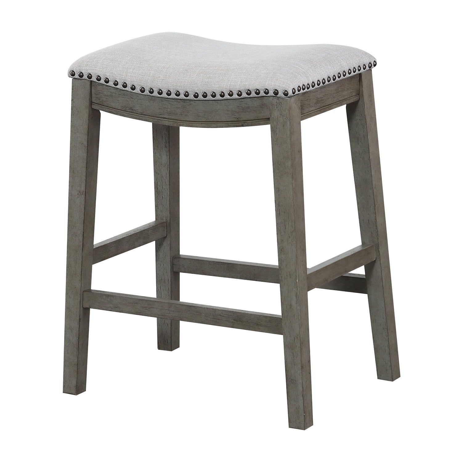 Antique Gray Wood Saddle Counter Stool with Nailhead Trim