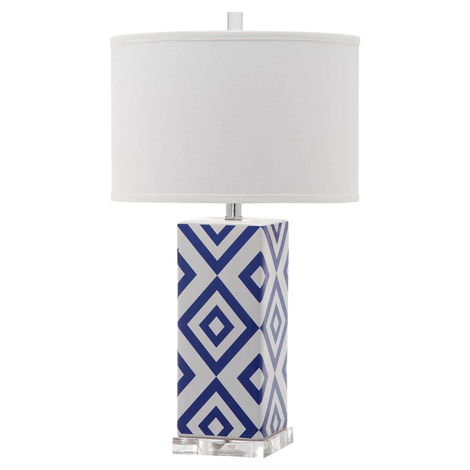 Navy and White Ceramic Geometric Table Lamp with Acrylic Base