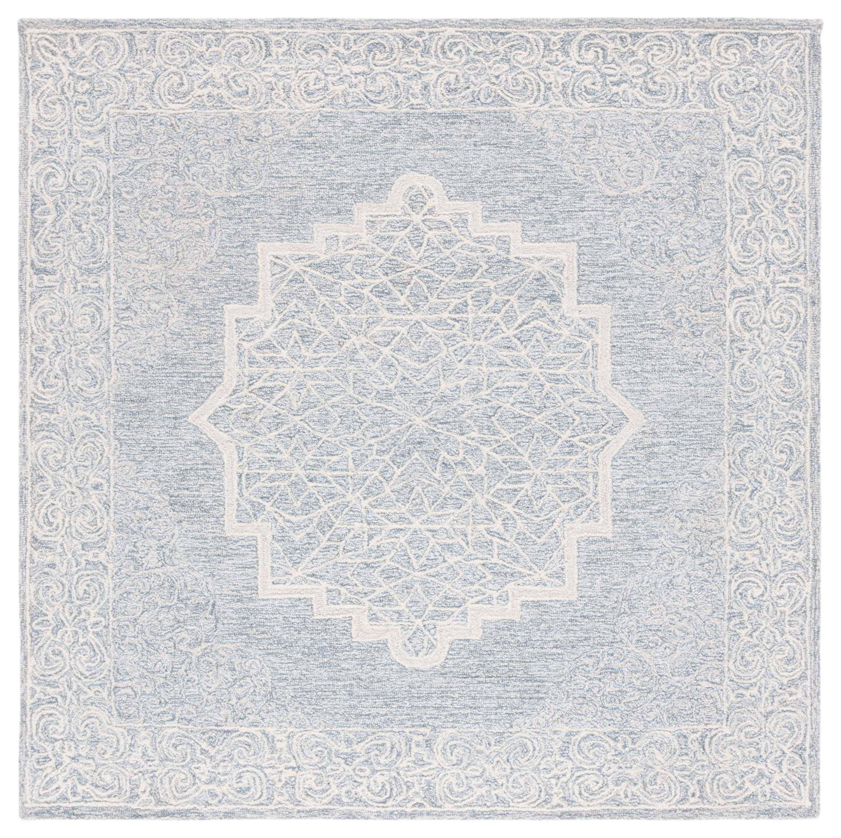 Ivory and Blue Abstract Wool Square Area Rug, 6' x 6'