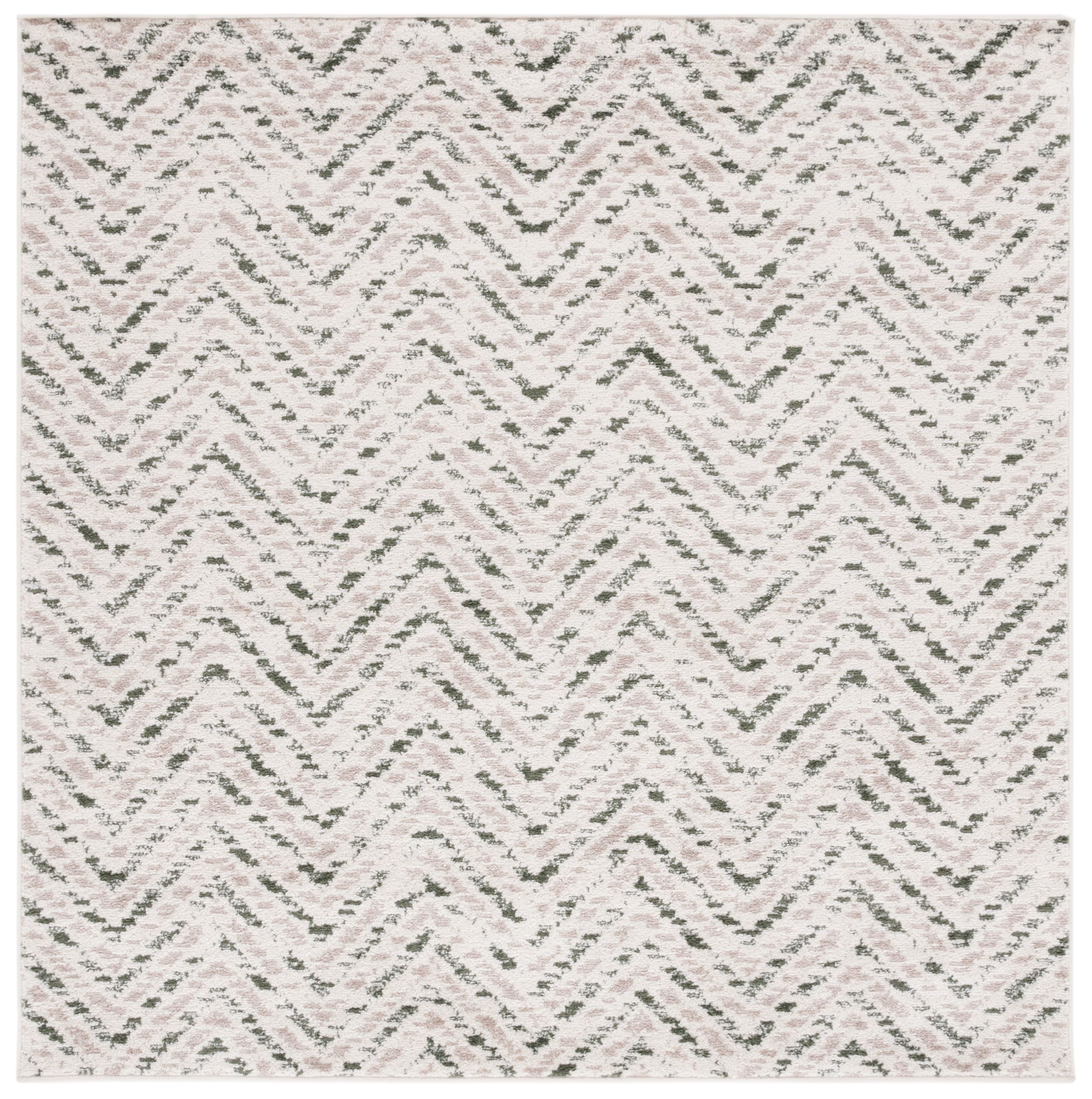 Ivory and Dark Green Square Synthetic Area Rug, 6' x 6'