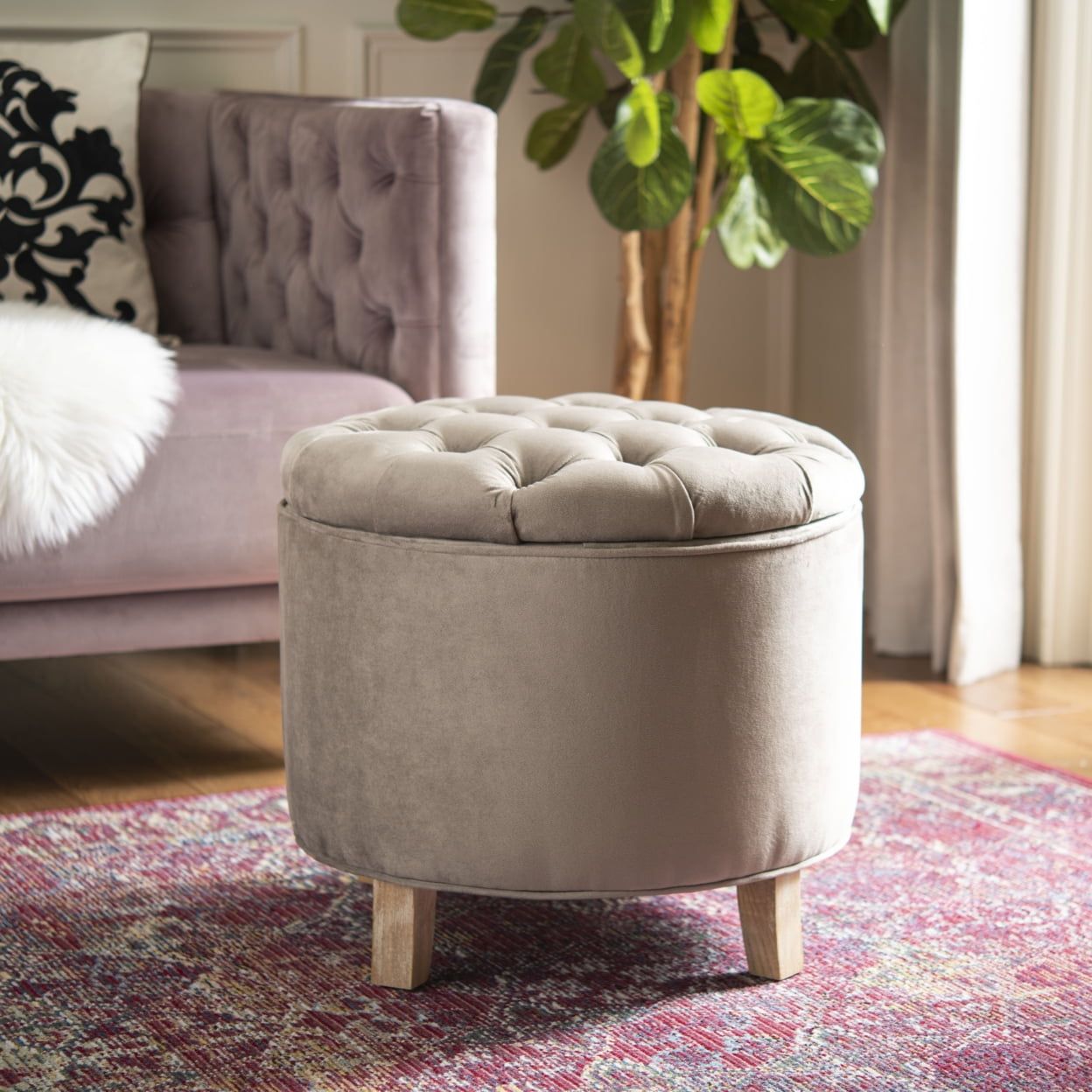 Transitional Gray Cotton Tufted Round Storage Ottoman