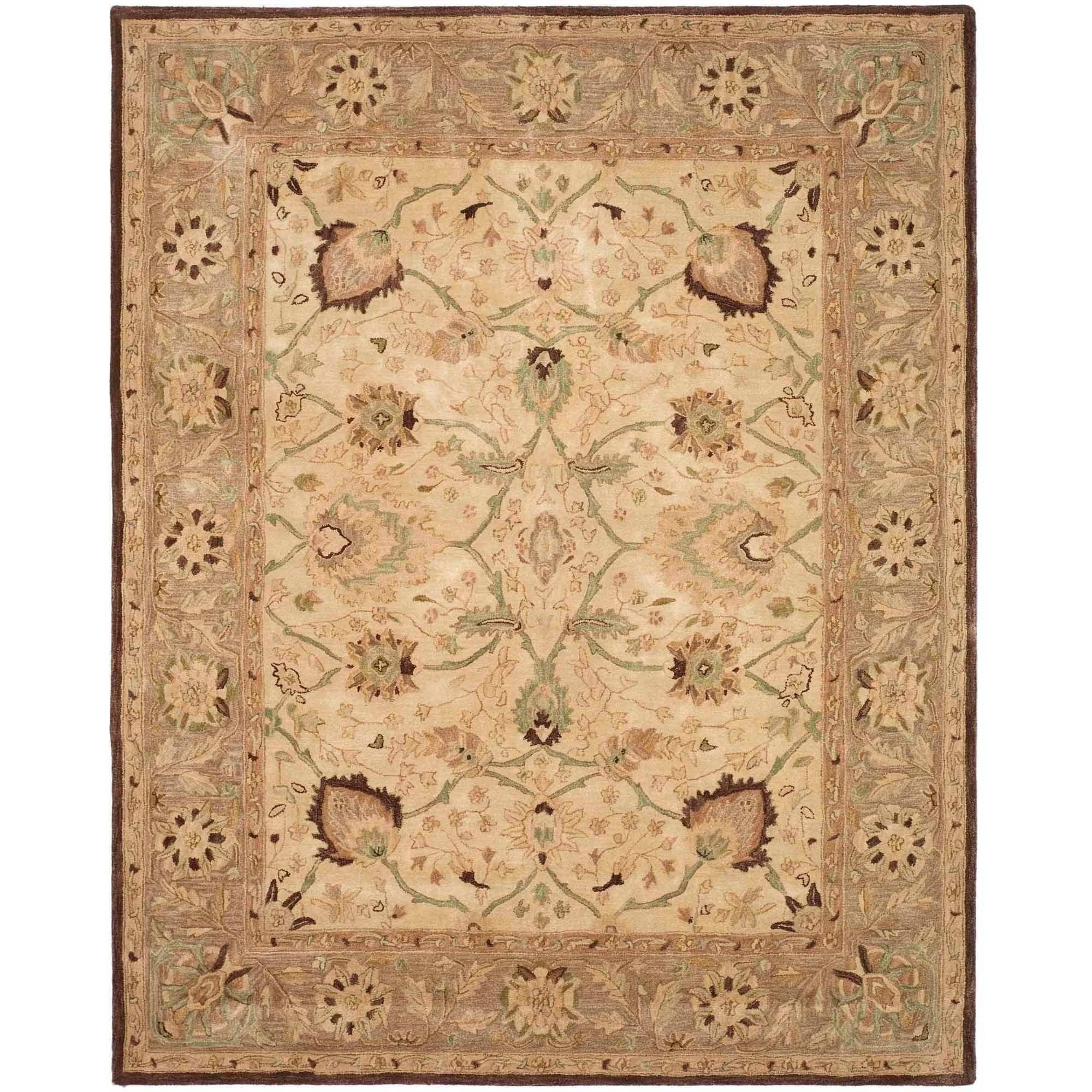 Ivory and Brown 8' x 10' Handmade Wool Floral Rug