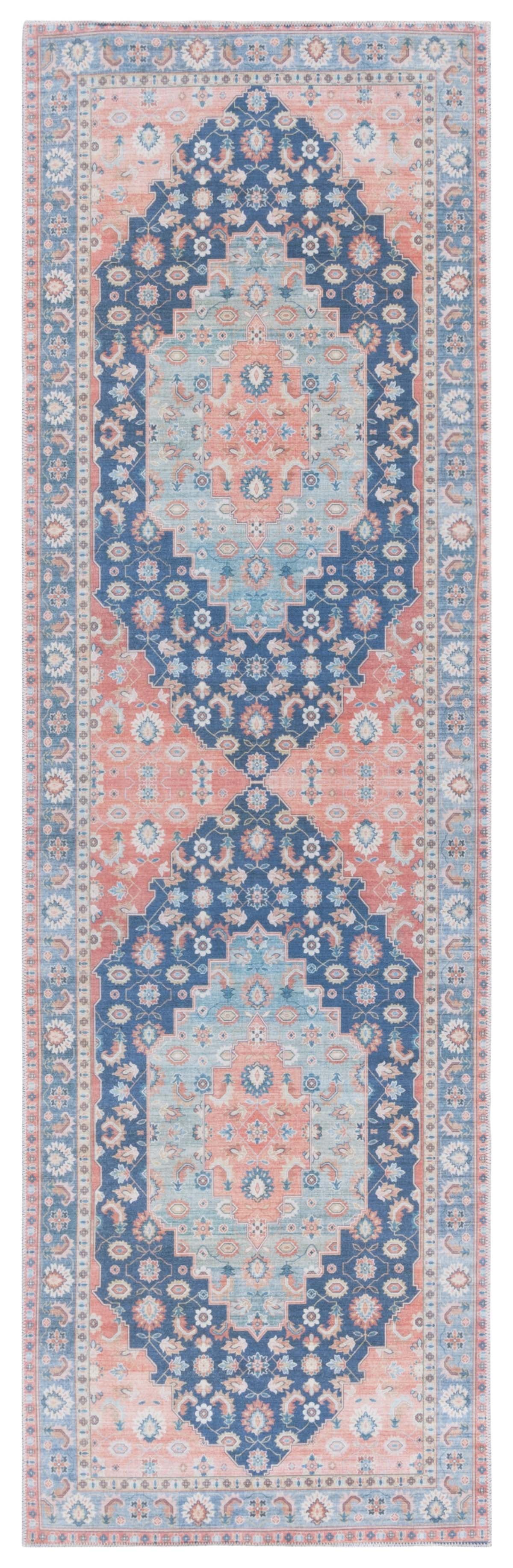 Blue and Rust Medallion Washable Runner Rug