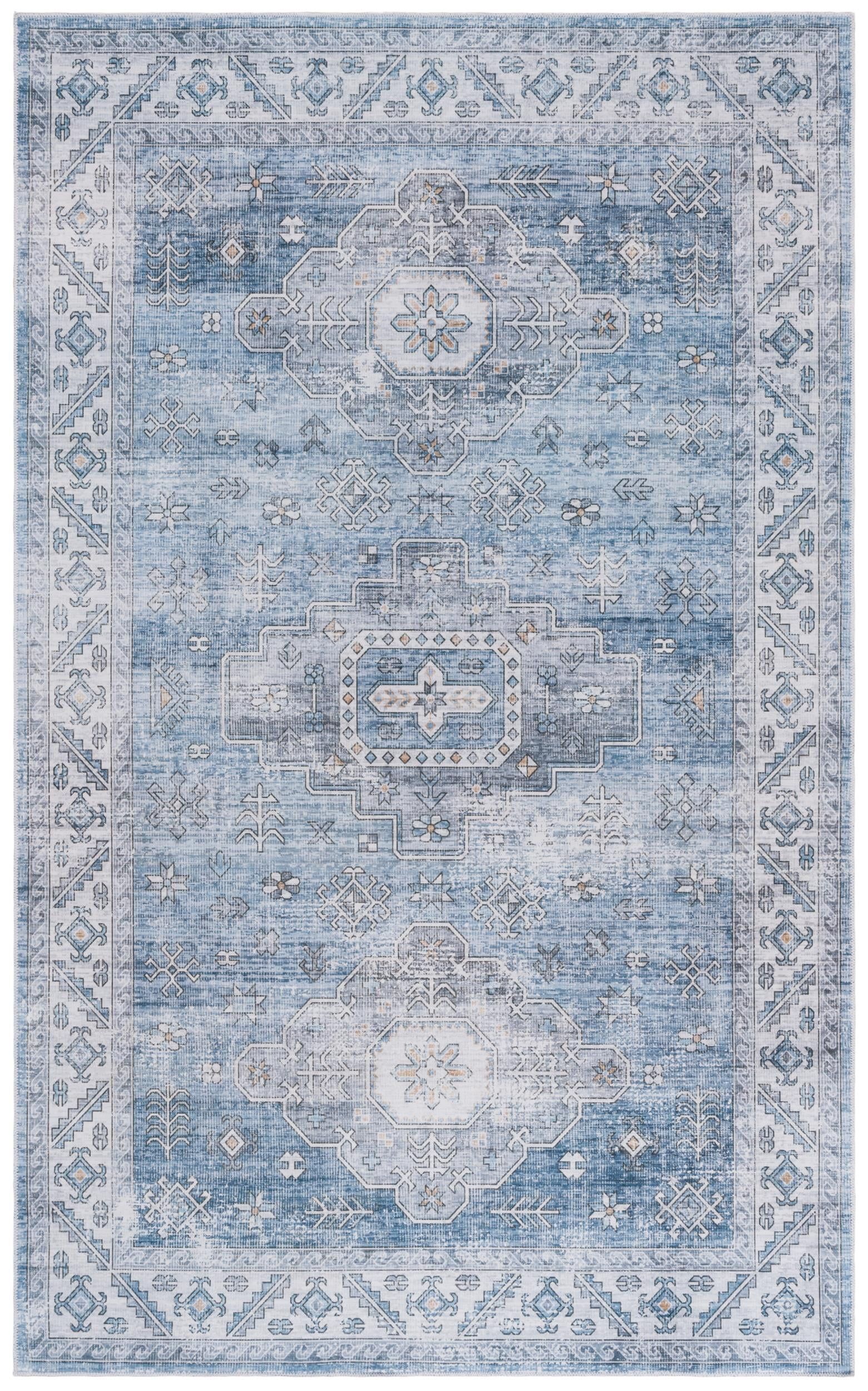 Light Blue Geometric Washable Synthetic Area Rug, 5' x 8'