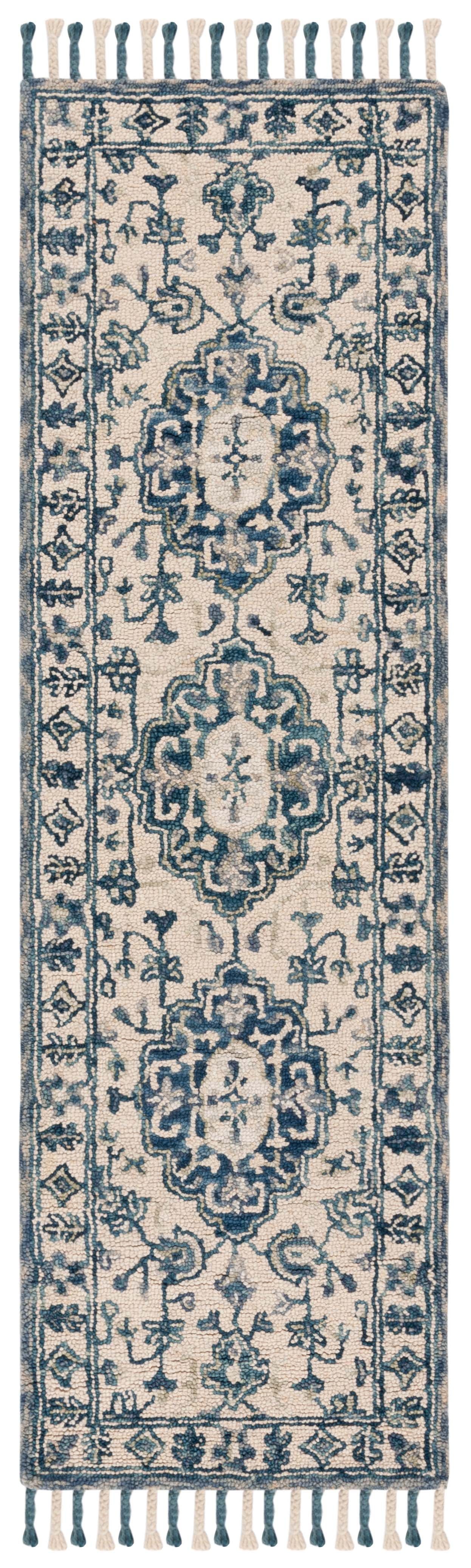 Ivory and Blue Hand-Tufted Wool and Cotton Runner Rug