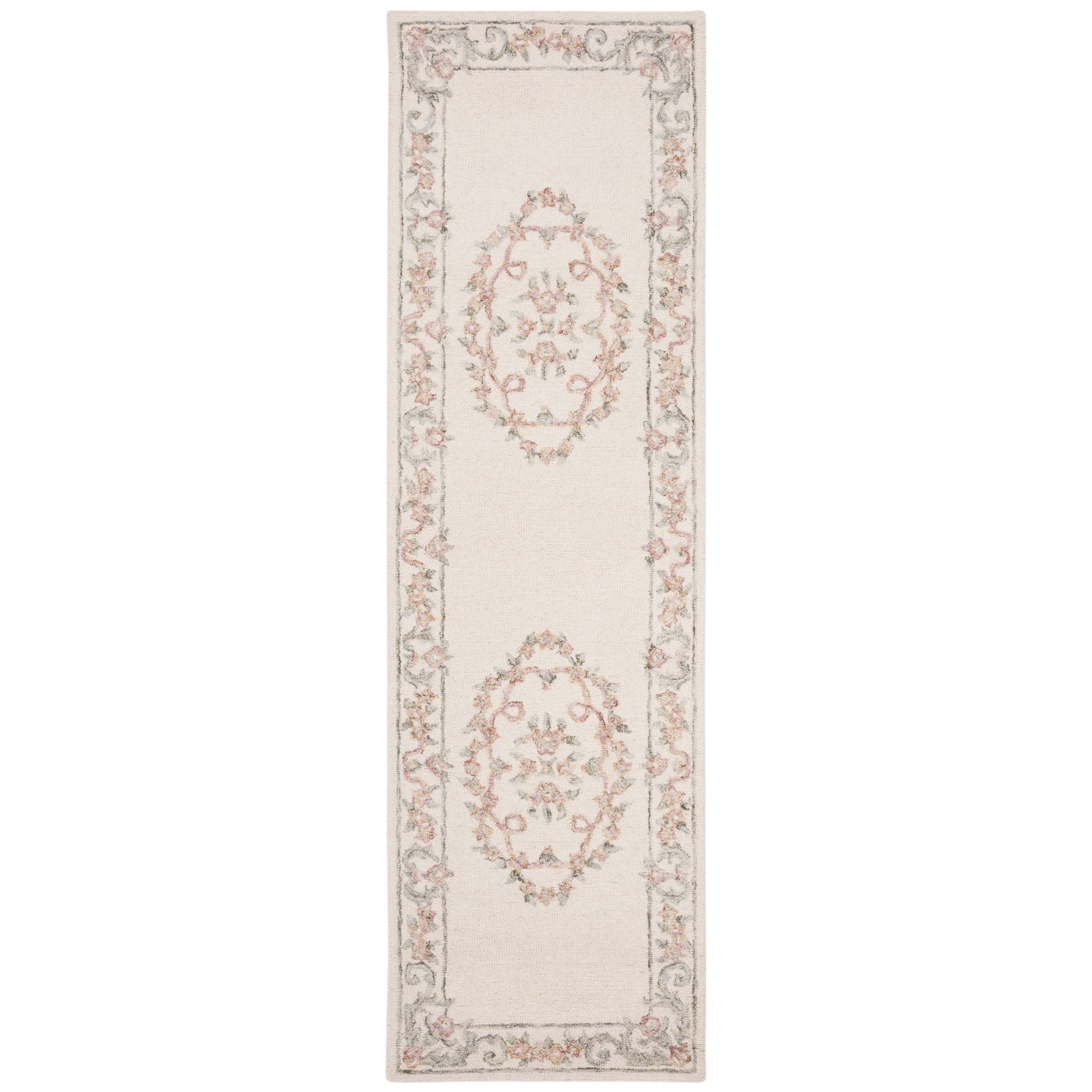 Ivory and Pink Handmade Wool Medallion Runner Rug