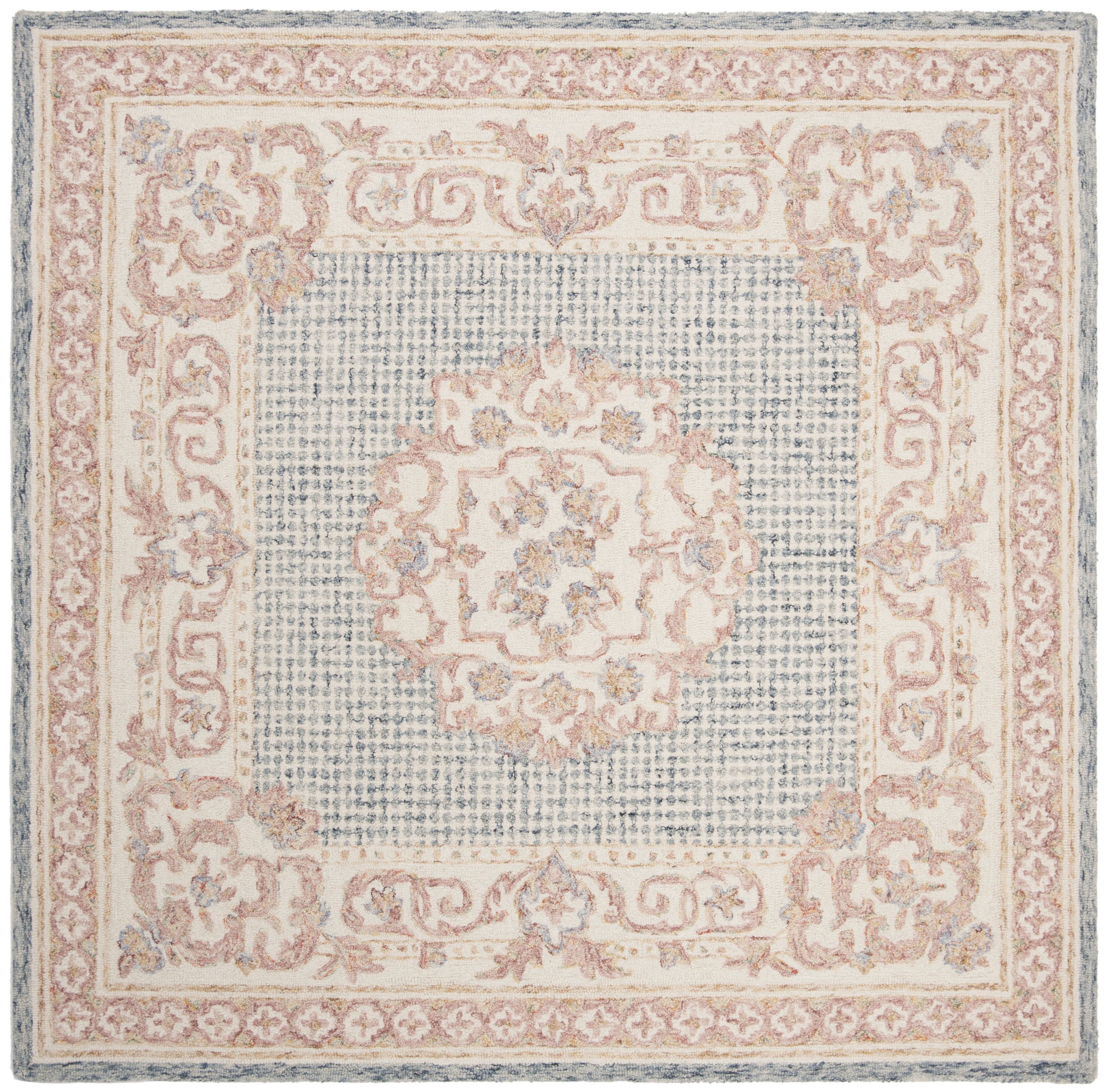 Renaissance Blue Floral Square Tufted Wool Area Rug - 6' x 6'