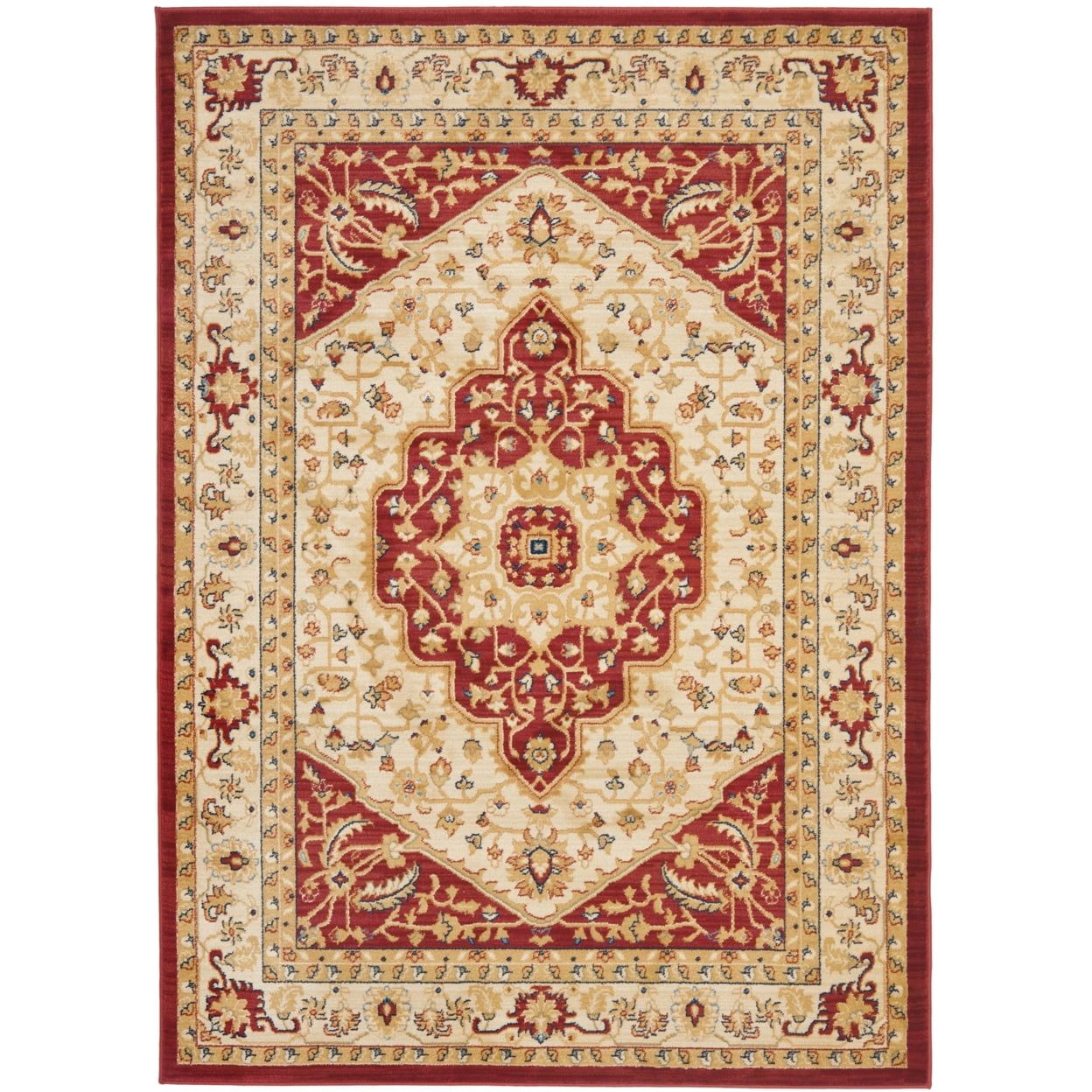 Cream and Red Synthetic Floral Motif Area Rug, 5'3" x 7'6"