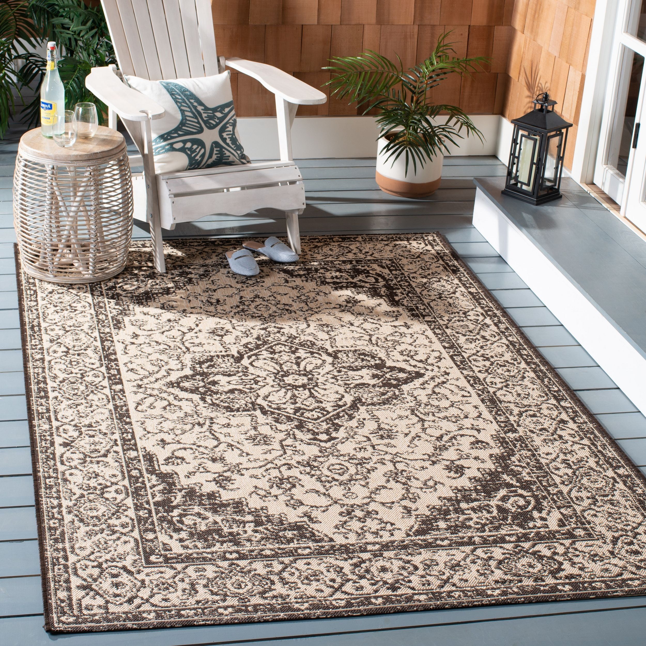 Cream and Brown Oriental Rectangular Outdoor Rug, 5'3" x 7'6"