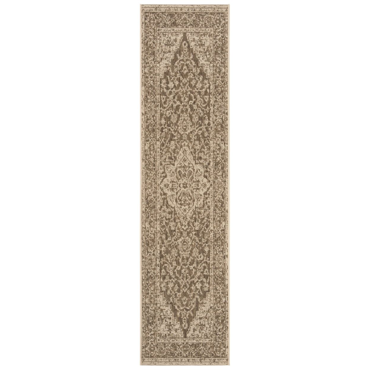 Beige Cream Geometric Synthetic Outdoor Runner Rug 2' x 8'