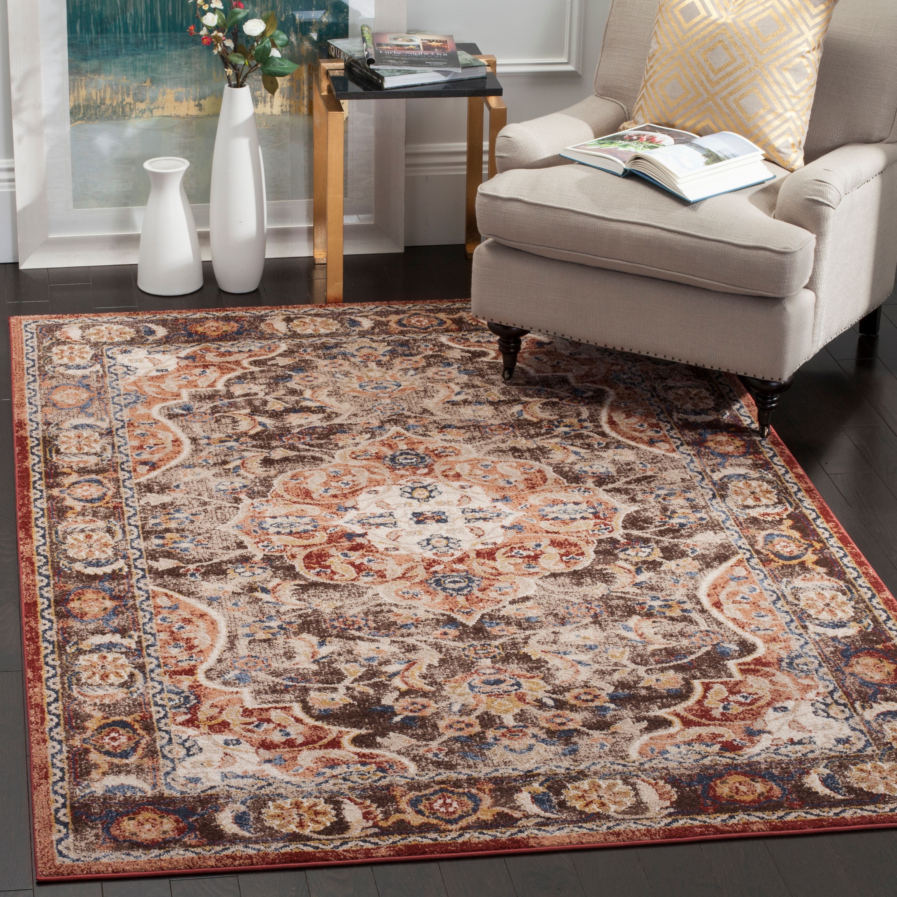 Bijar Brown and Rust Floral Motif Low Pile Area Rug