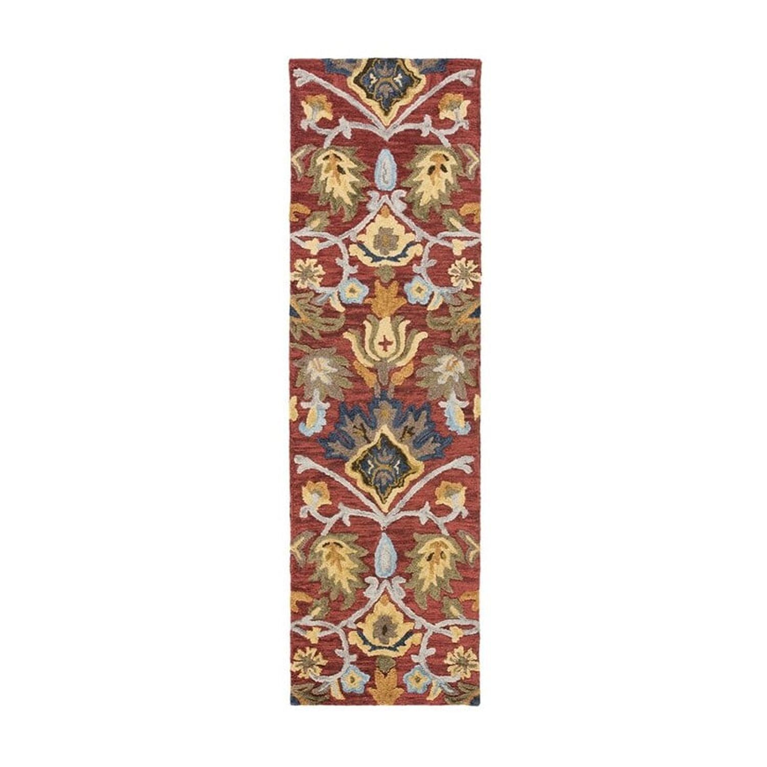 Handmade Red and Multi Floral Wool Runner Rug