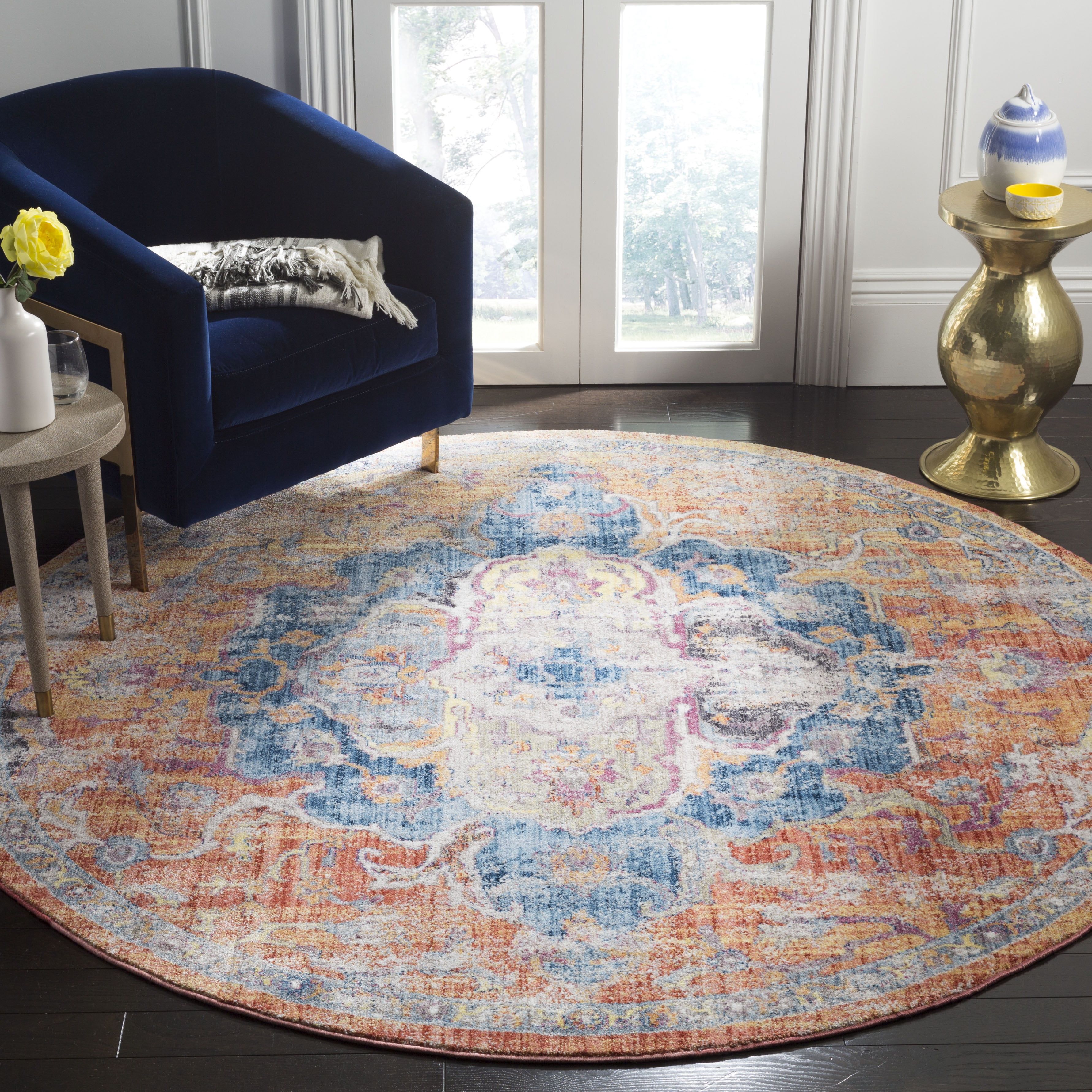 Reversible Washable Synthetic Round Rug in Blue, 7' Diameter