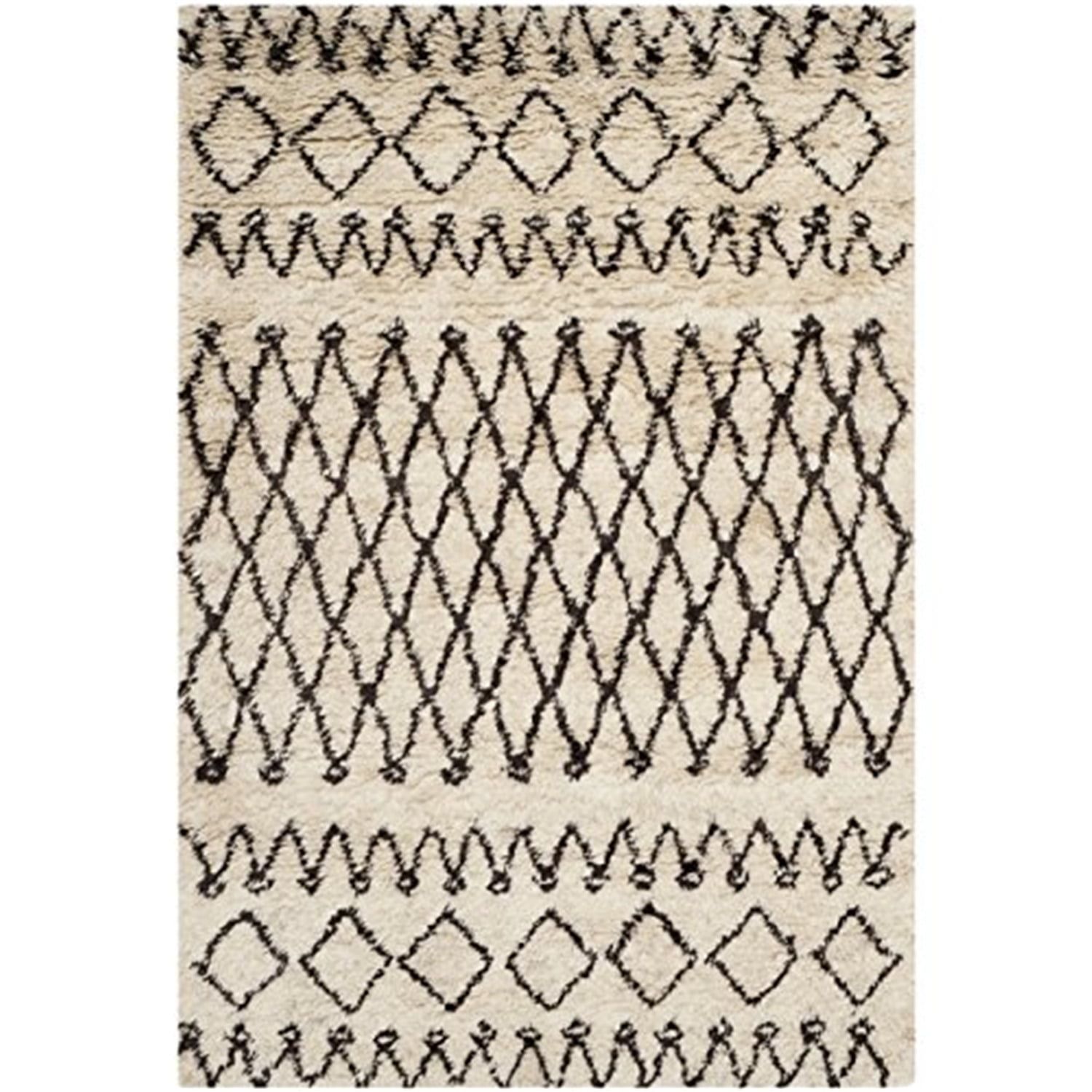 Ivory and Dark Brown Hand-Tufted Wool Shag Rug, 3' x 5'