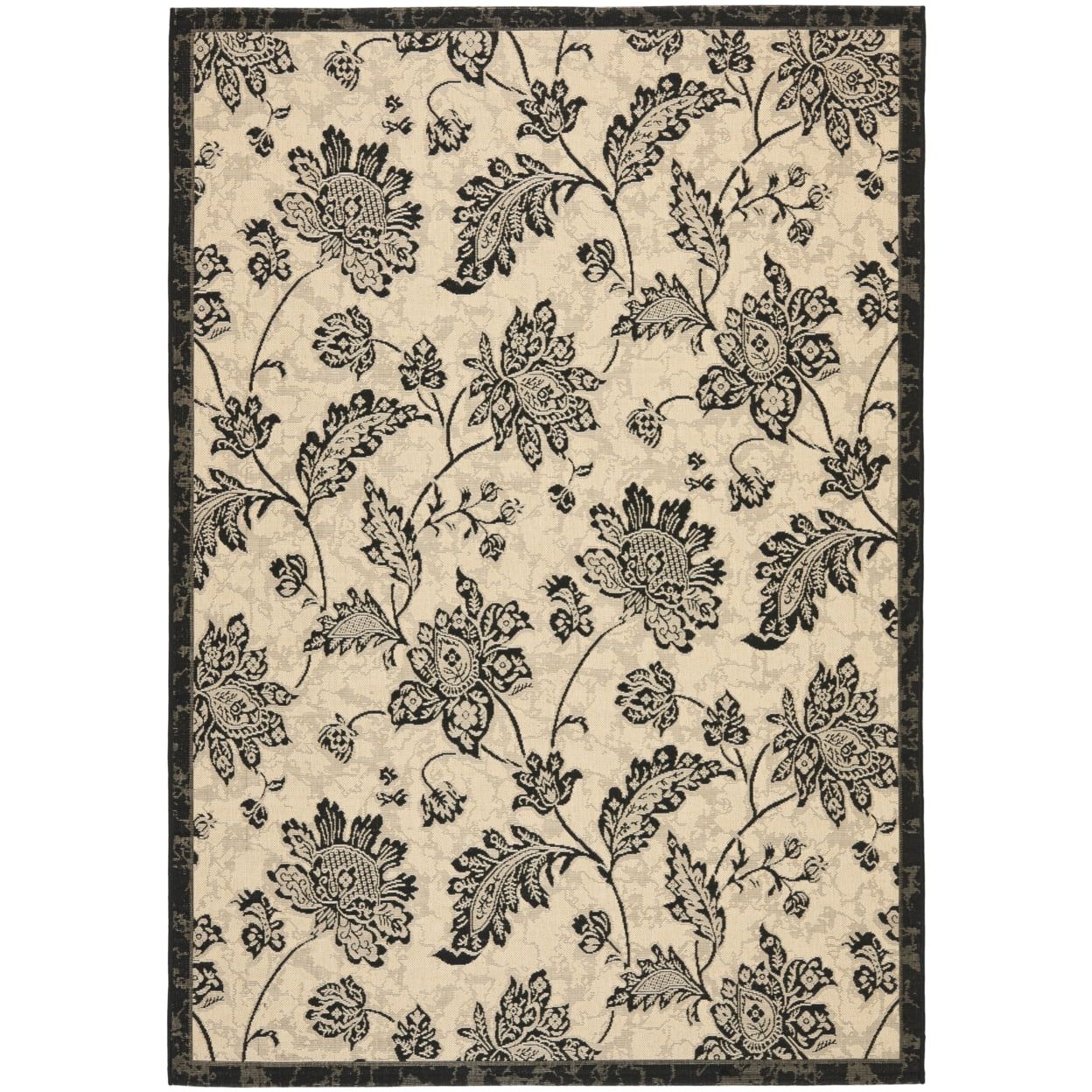 Courtyard Black and Cream Floral Rectangular Rug