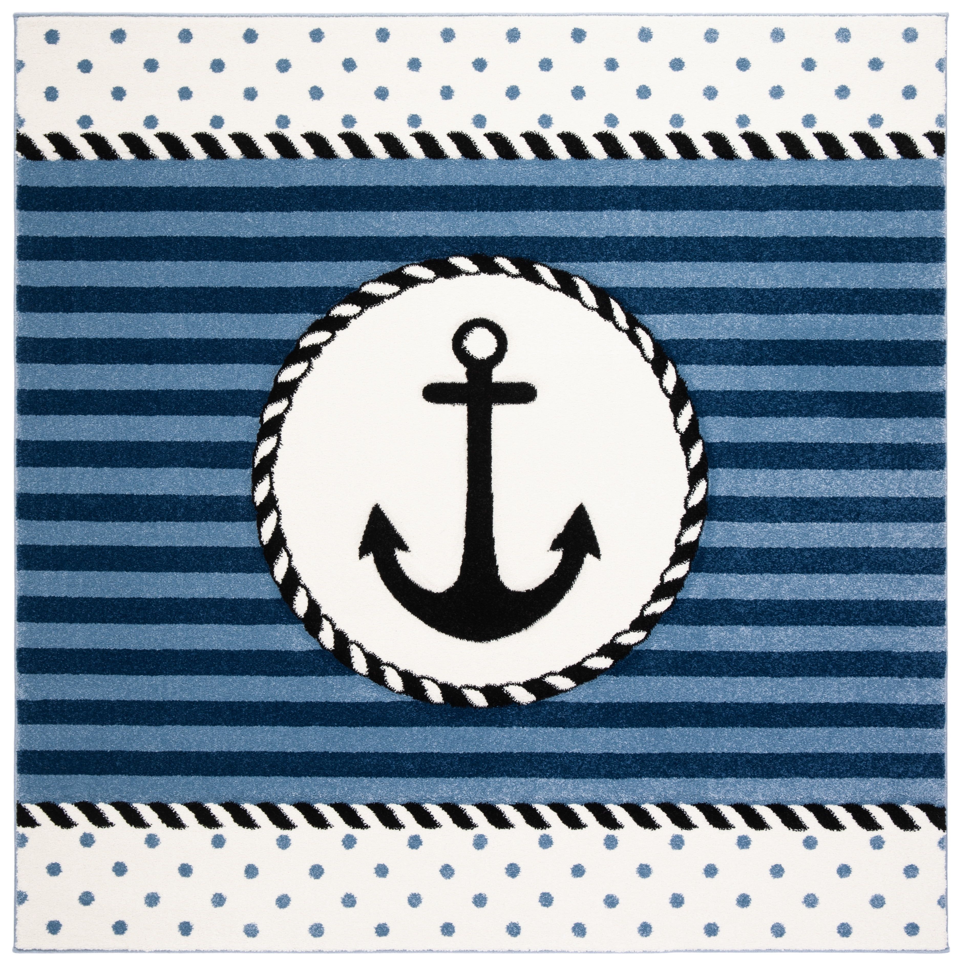 Ivory and Navy Square Kids Anchor Rug, 5'3"