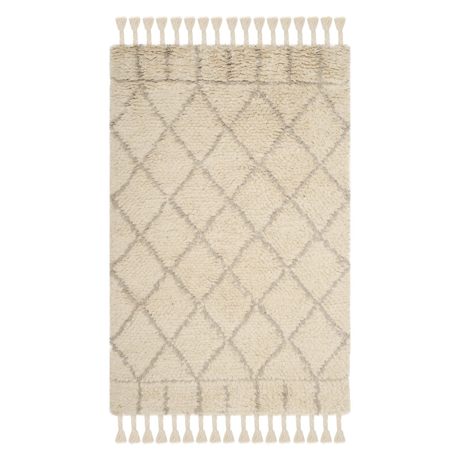 Ivory and Light Grey Hand-Tufted Wool Shag Rug 8' x 10'