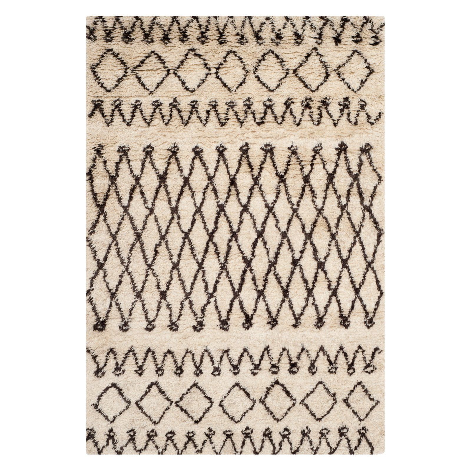 Ivory and Dark Brown Hand-Tufted Wool Shag Area Rug, 6' x 9'