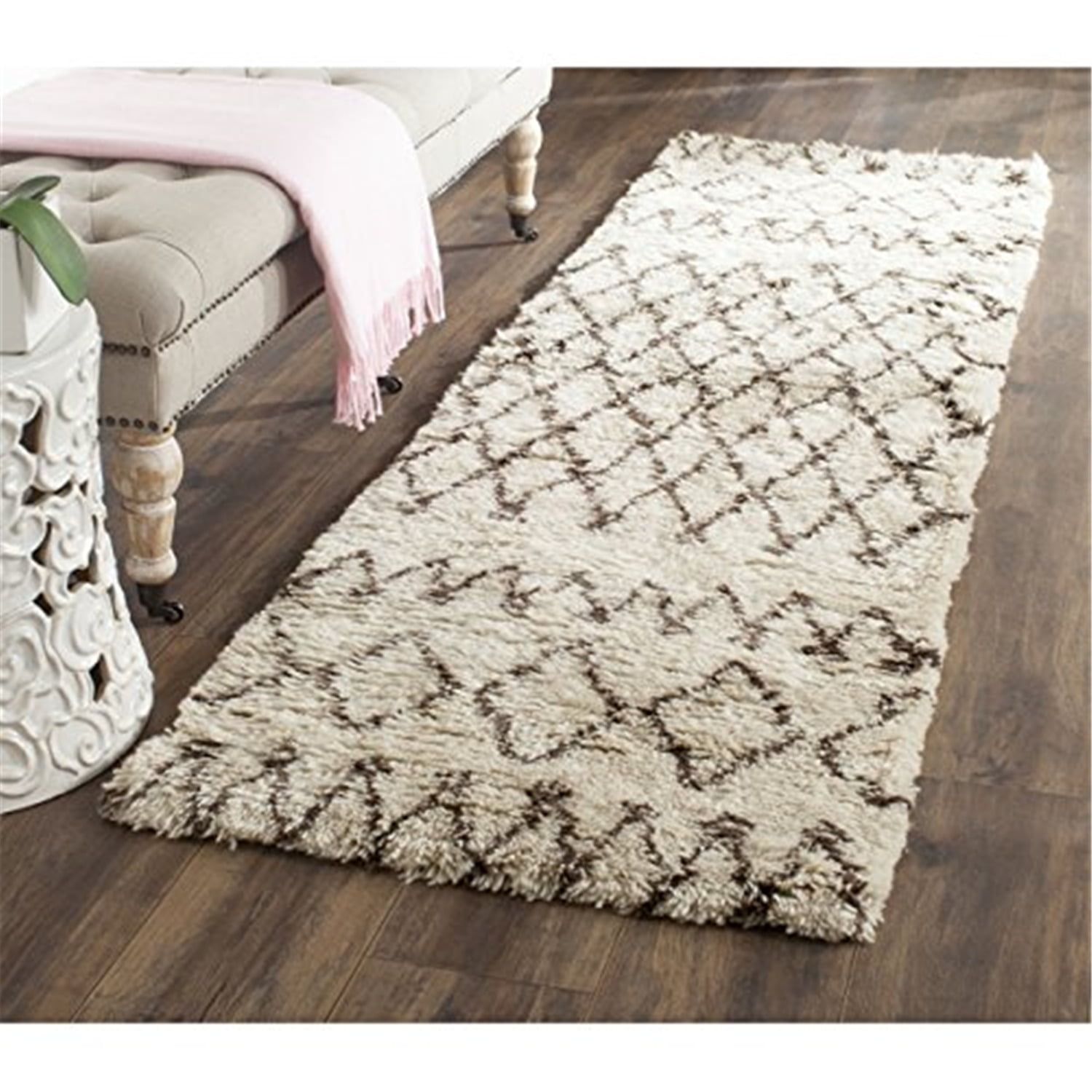 Ivory and Dark Brown Hand-Tufted Wool Shag Runner Rug