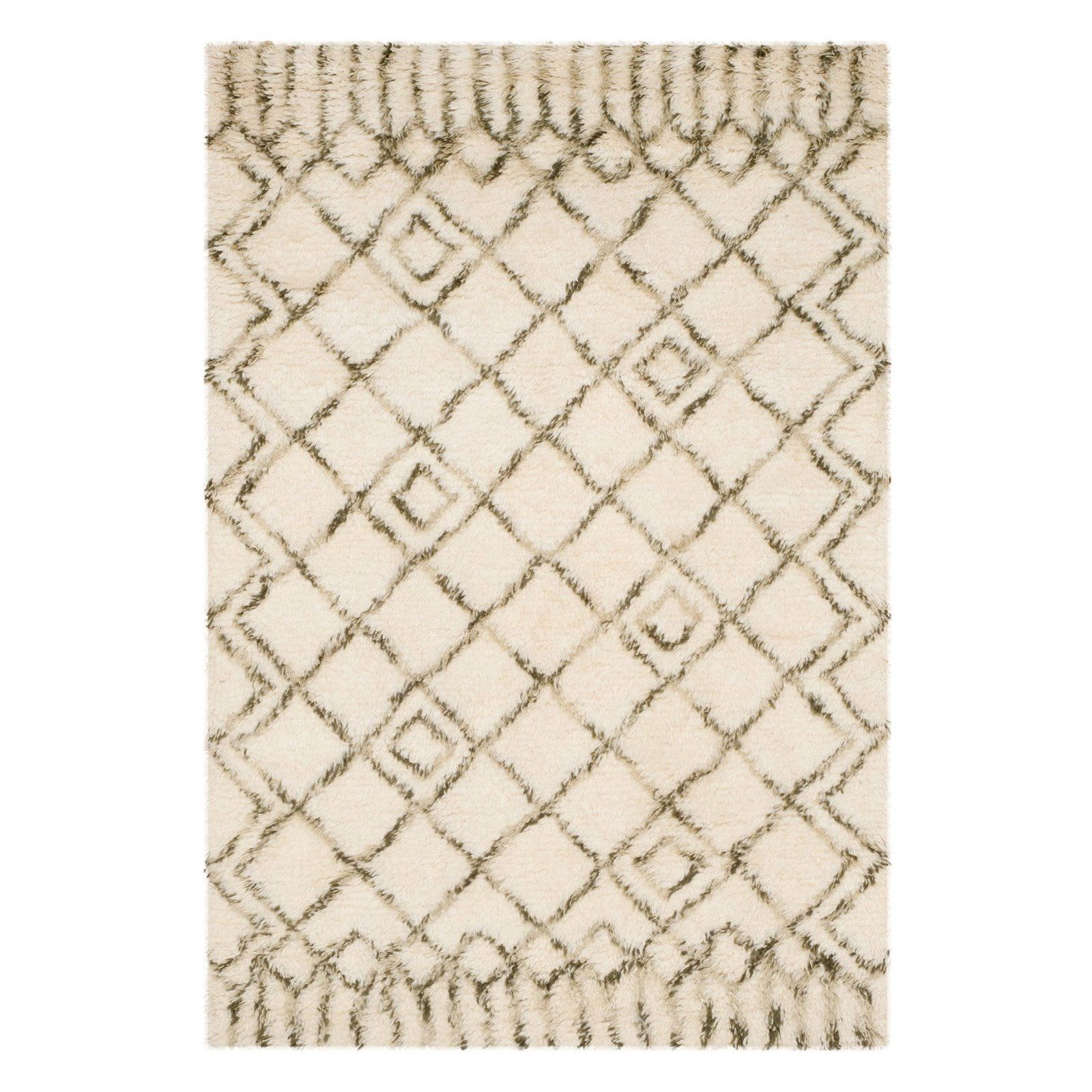 Ivory and Green Hand-Tufted Wool Shag Rug, 8' x 10'