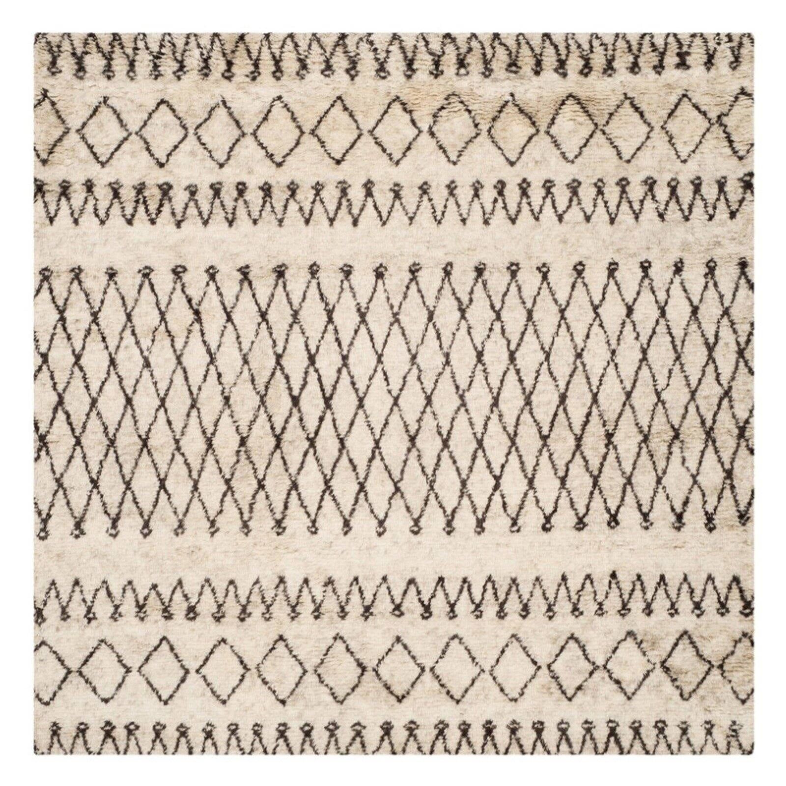 Ivory and Dark Brown Hand-Tufted Wool Shag Rug, 8' x 10'