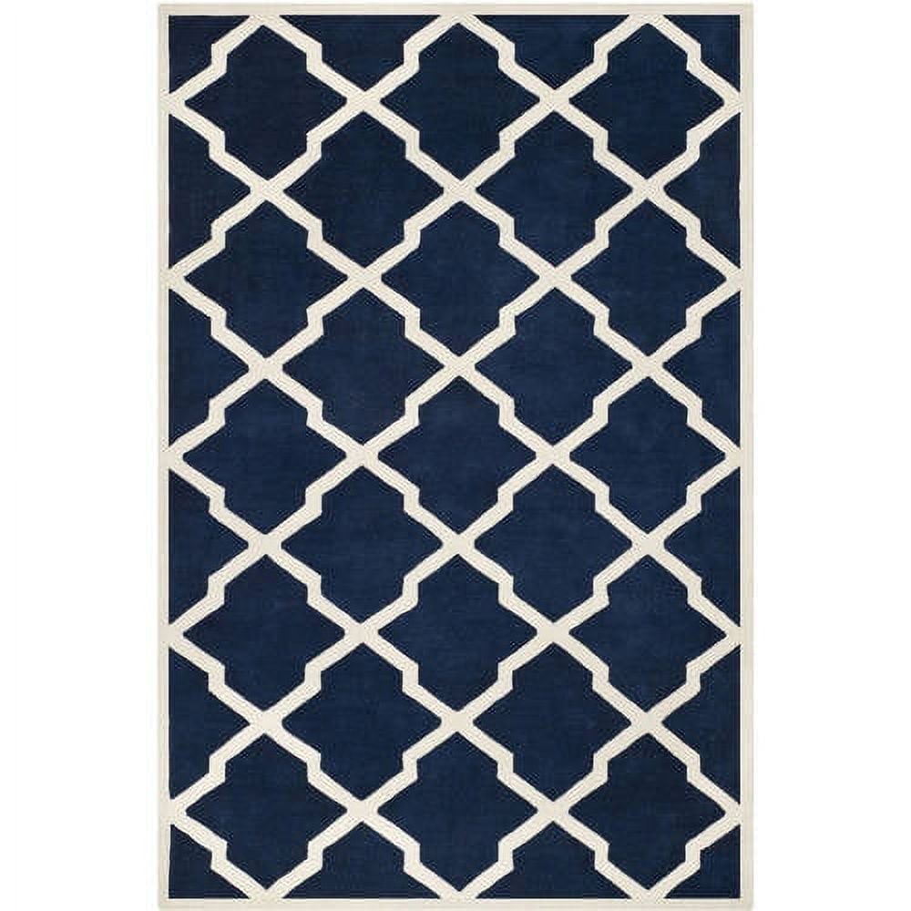 Dark Blue and Ivory Hand-Tufted Wool 6' x 9' Geometric Rug