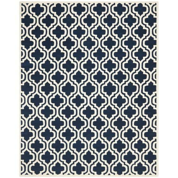 Dark Blue and Ivory Hand-Tufted Wool Geometric Rug