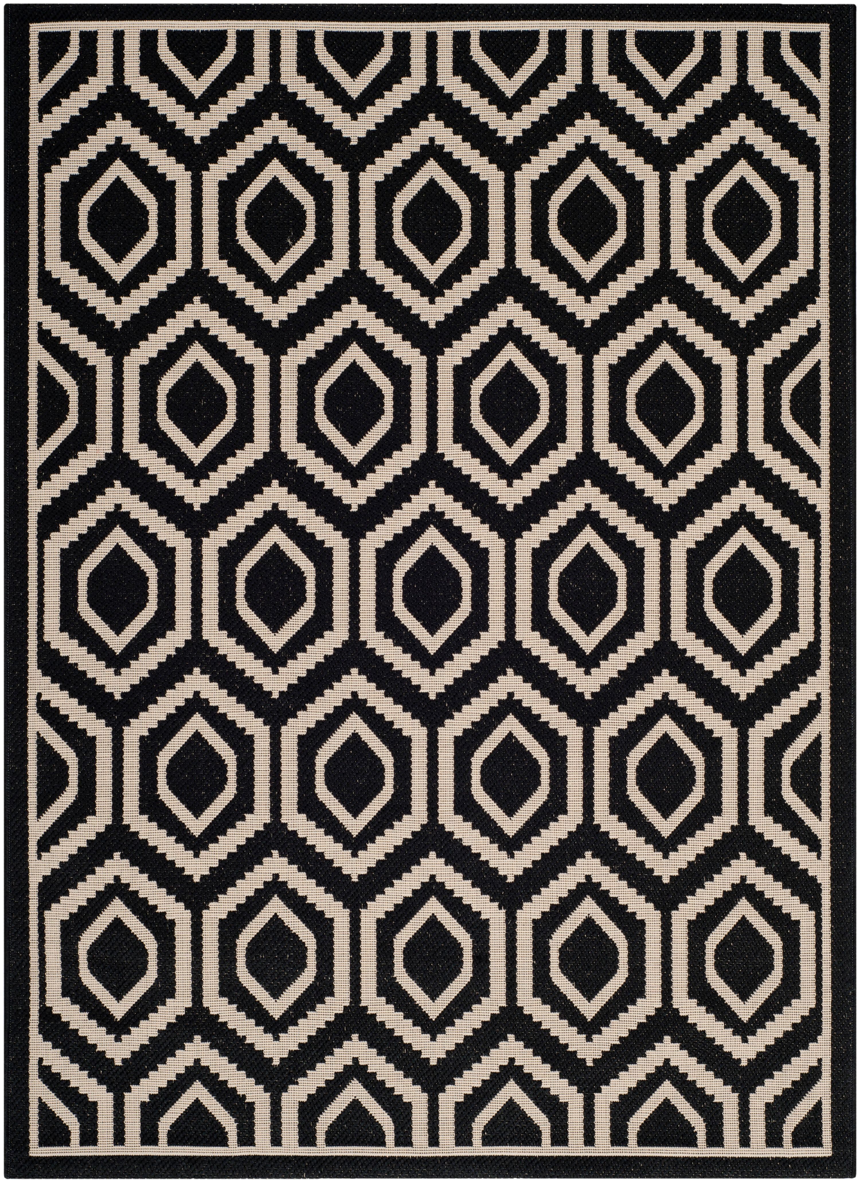 Amelia Round Black and Beige Honeycomb Indoor/Outdoor Rug