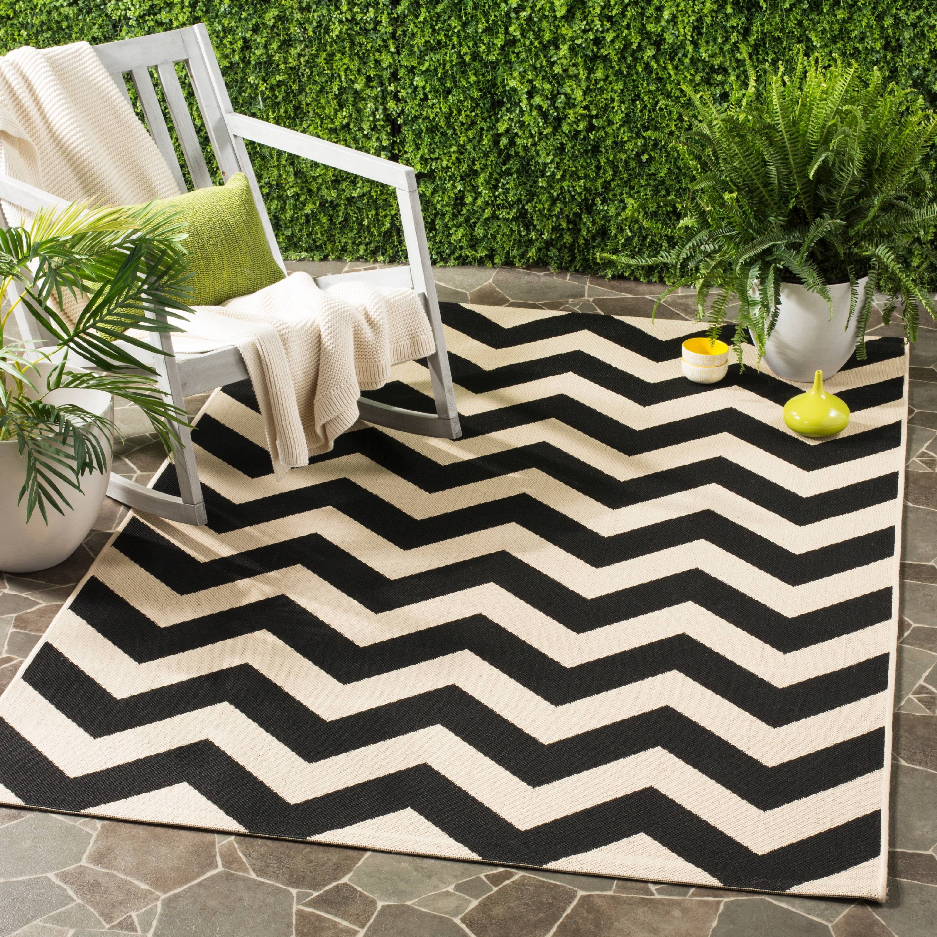 Black and Beige Chevron Outdoor Area Rug, 9' x 12'