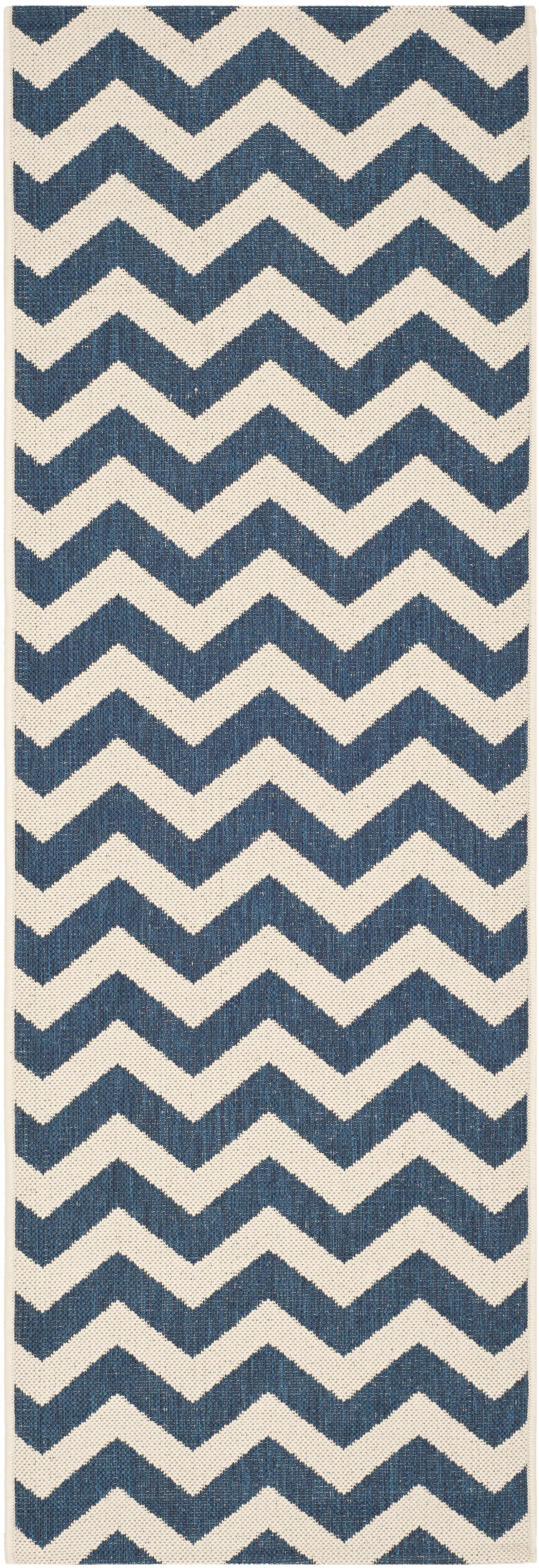 Navy and Beige Chevron Synthetic Runner Rug, 2'3" x 14'