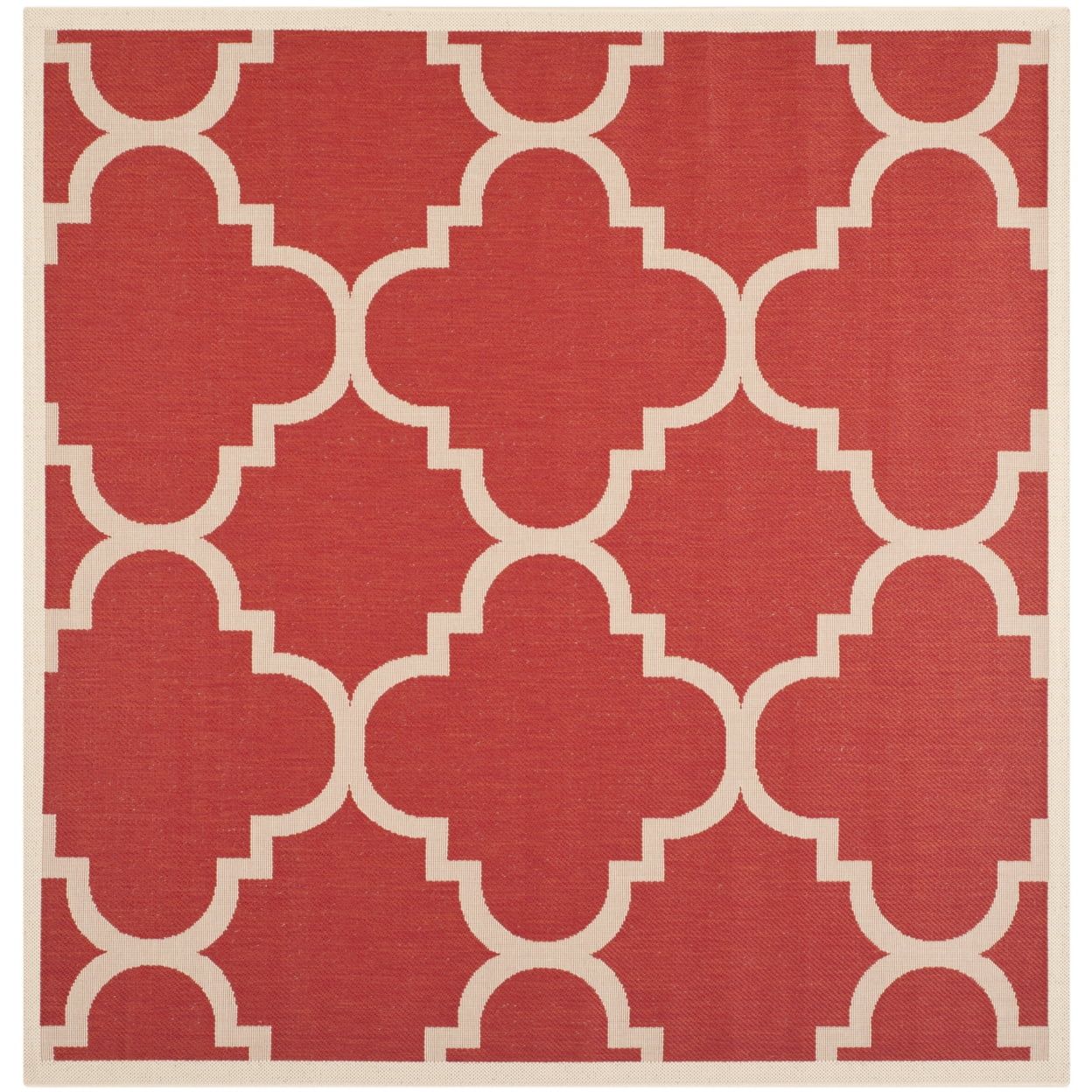 Red and Beige Square Synthetic Outdoor Rug, 4' x 4'