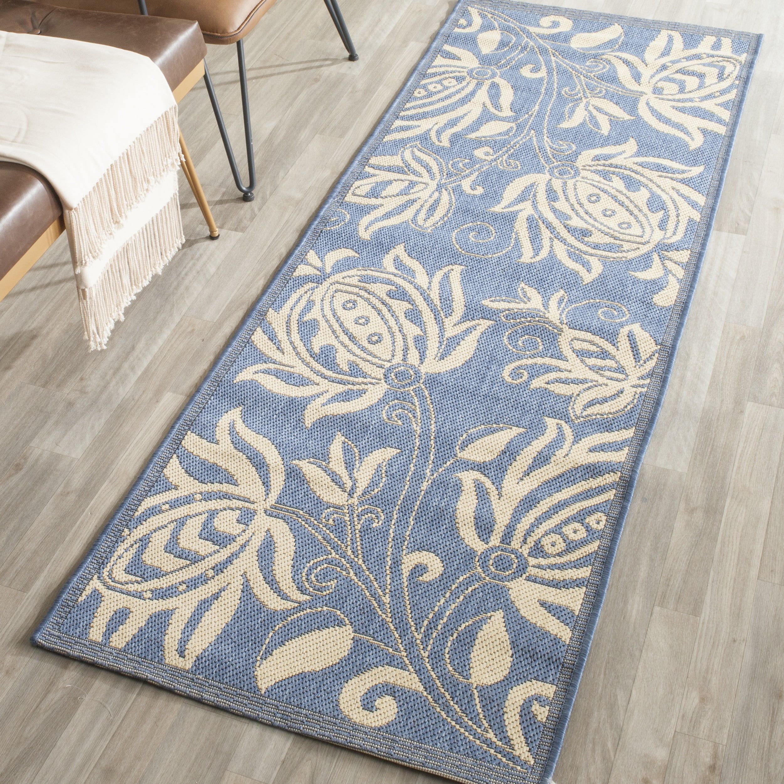 Blue and Natural Floral Synthetic Runner Rug, 2'3" x 12'