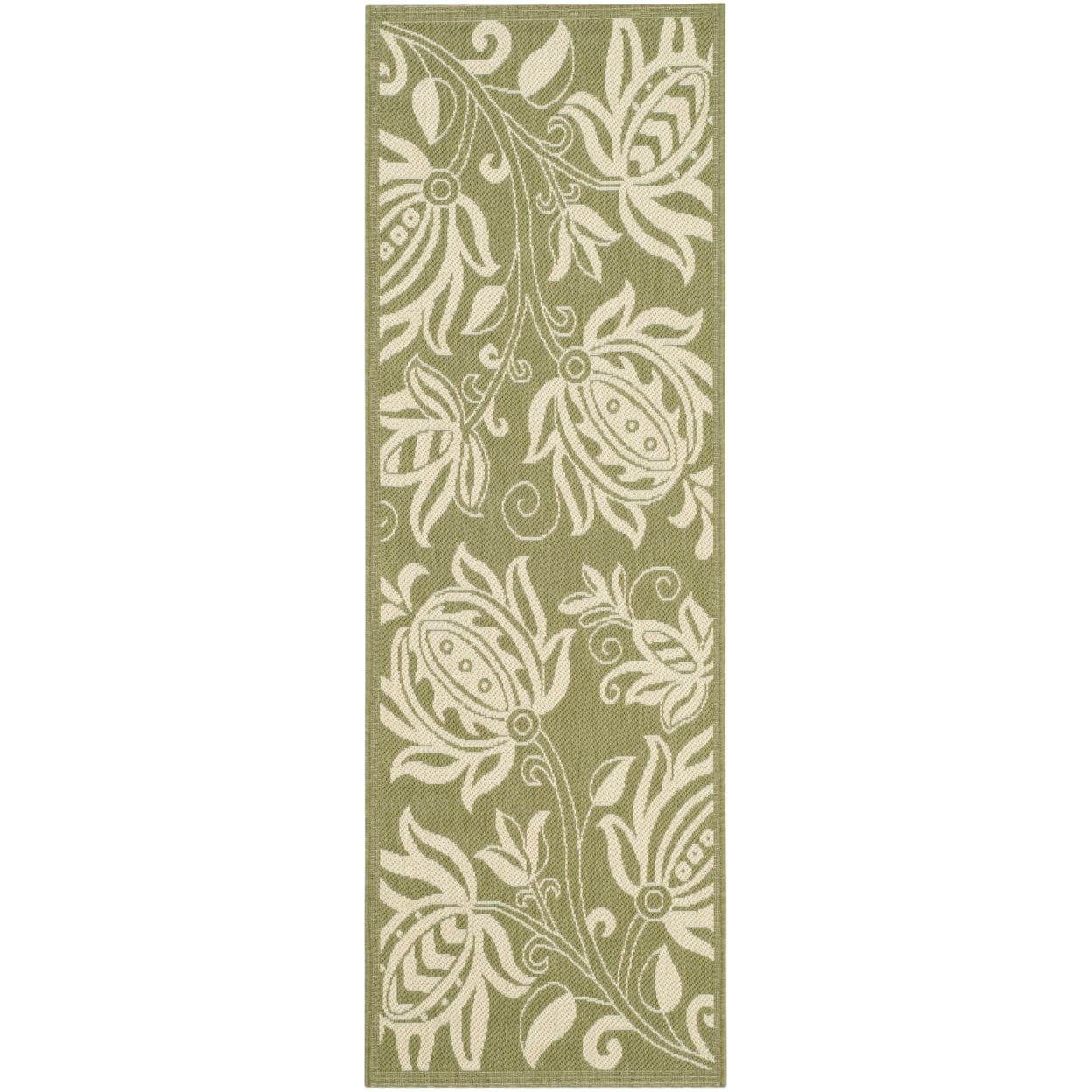 Olive and Natural 27'' Easy-Care Synthetic Flat Woven Runner Rug