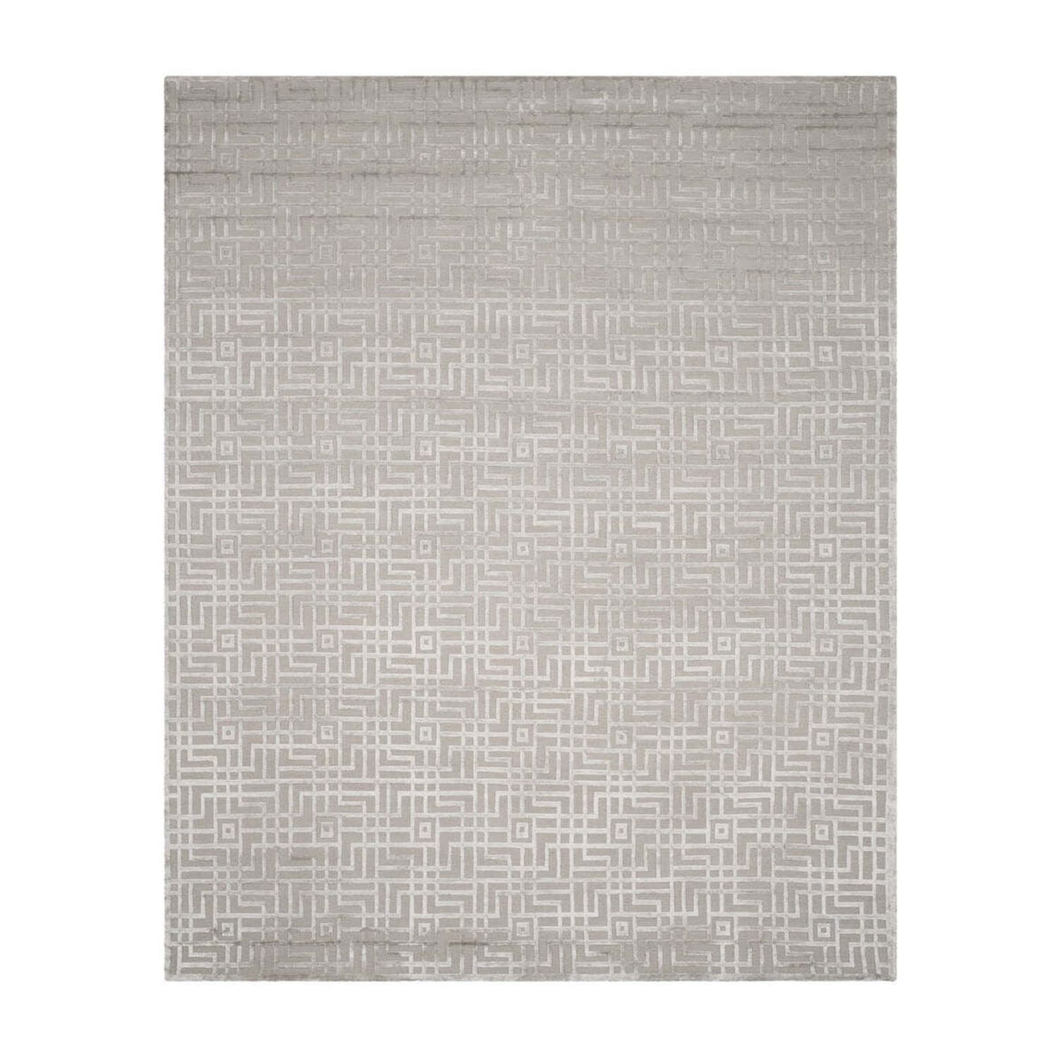 Tibetan-Inspired Hand-Knotted Geometric Wool-Viscose Rug 9' x 12' in Gray