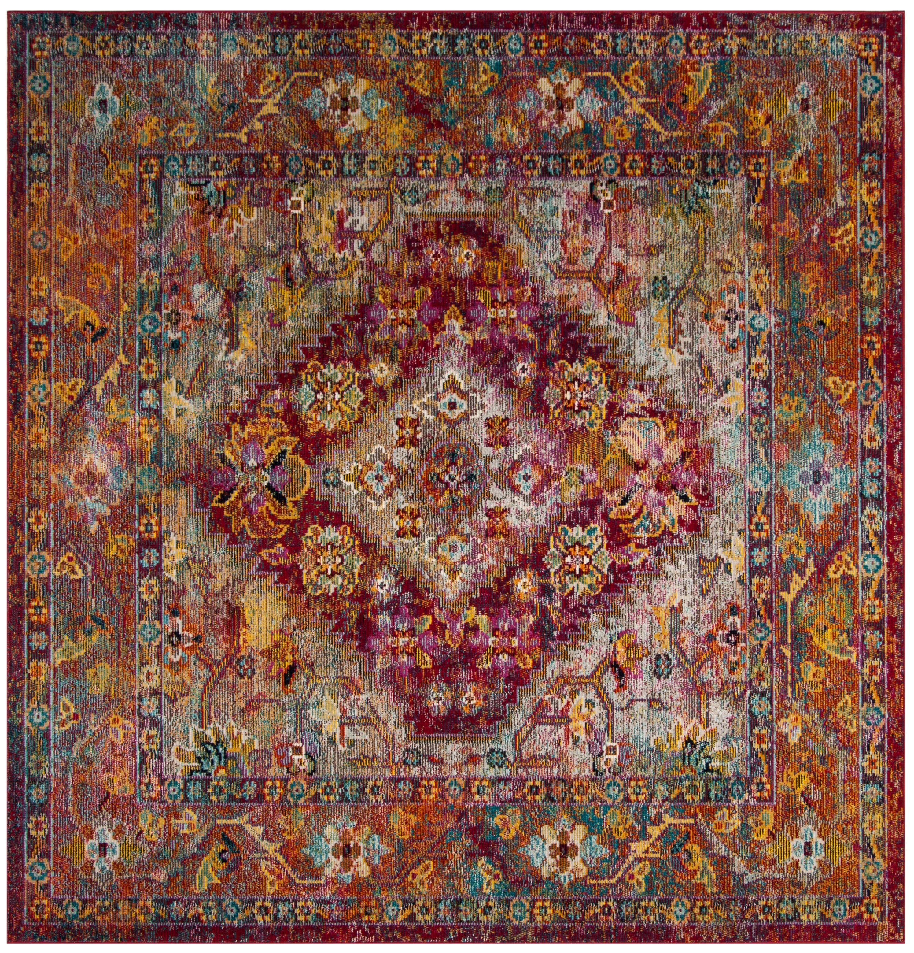 Light Blue and Fuchsia Square Bohemian Area Rug