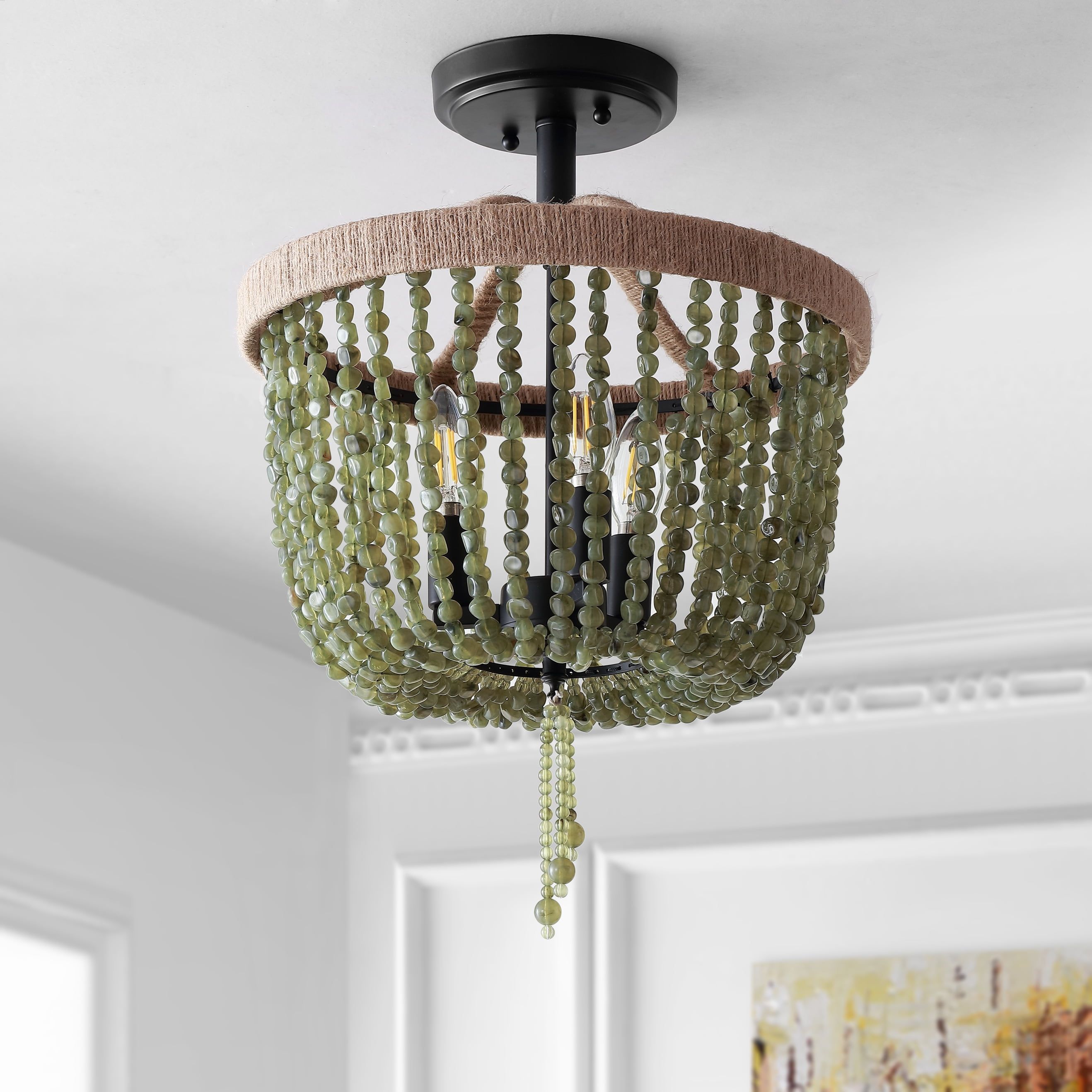 Contemporary Boho Green Bead & Black LED Flush Mount, 20" Height