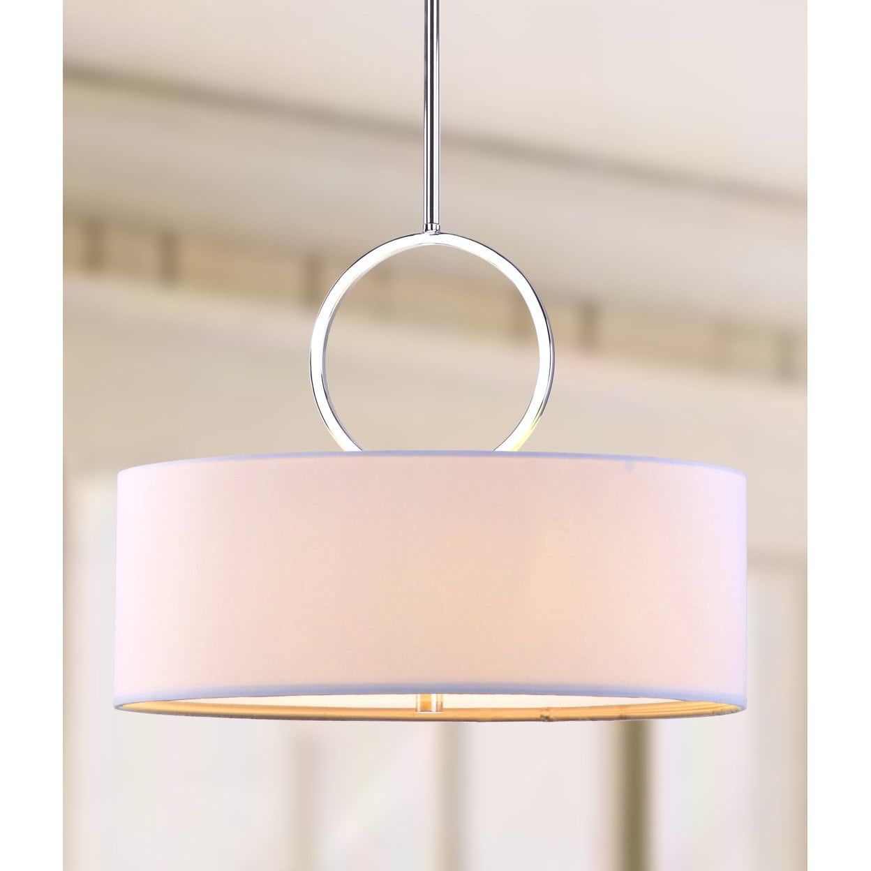 Debonair Chrome Drum Pendant Light with White Linen Shade