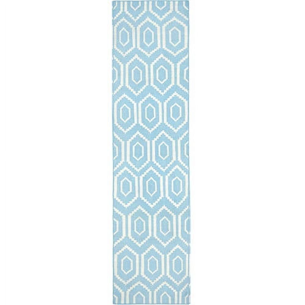 Blue and Ivory Geometric Wool Runner Rug, 2'6" x 8'