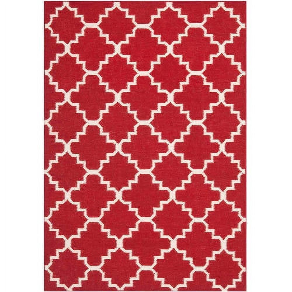 Red and Ivory Geometric Wool Flat Weave Rug, 8' x 10'