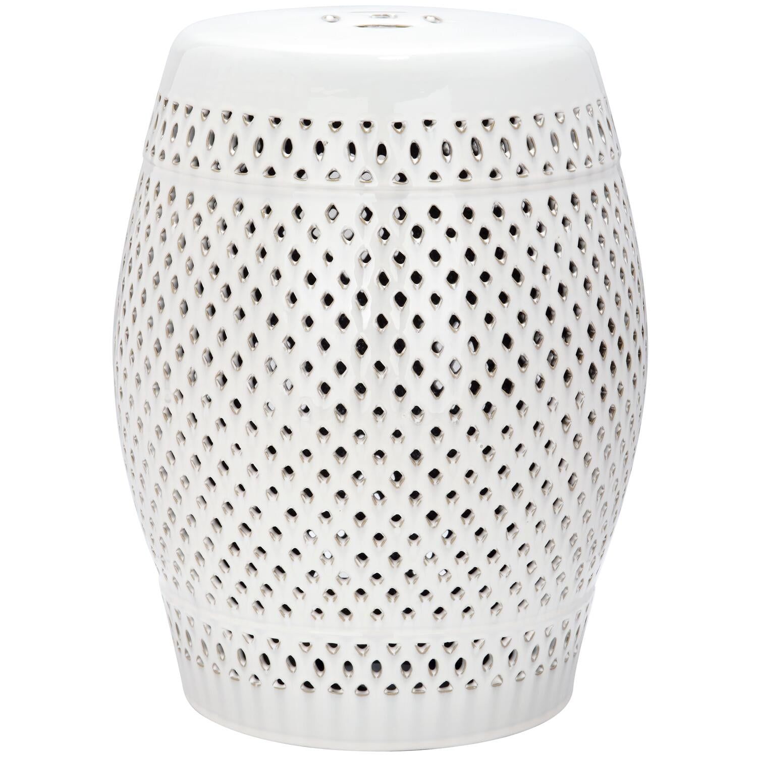 14" White Ceramic Garden Stool with Diamond Cutouts