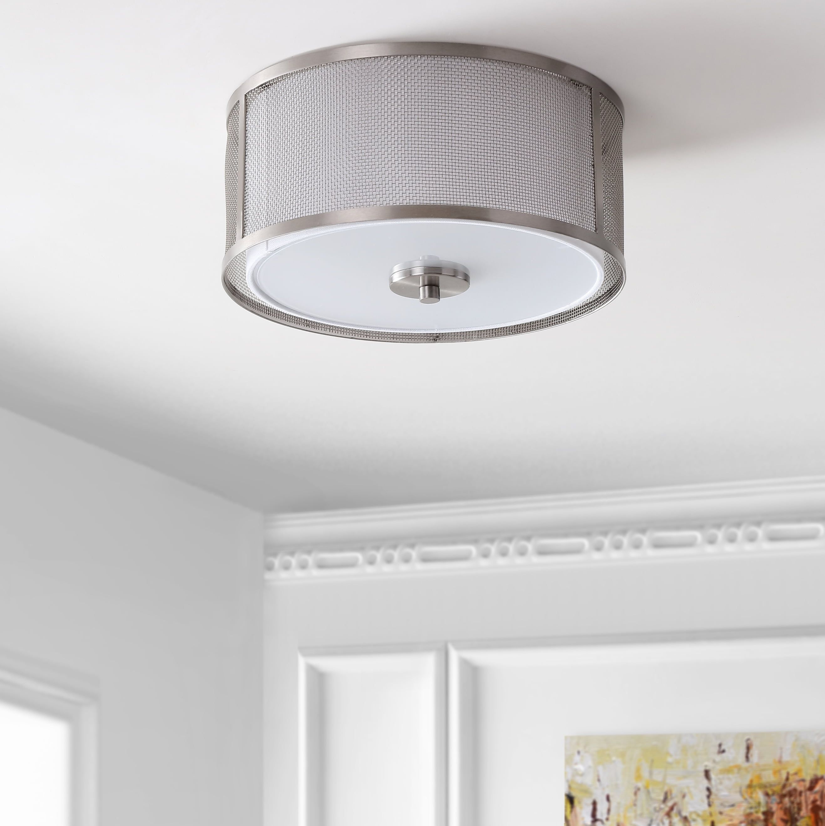 Nickel and Glass Drum Flush Mount Ceiling Light