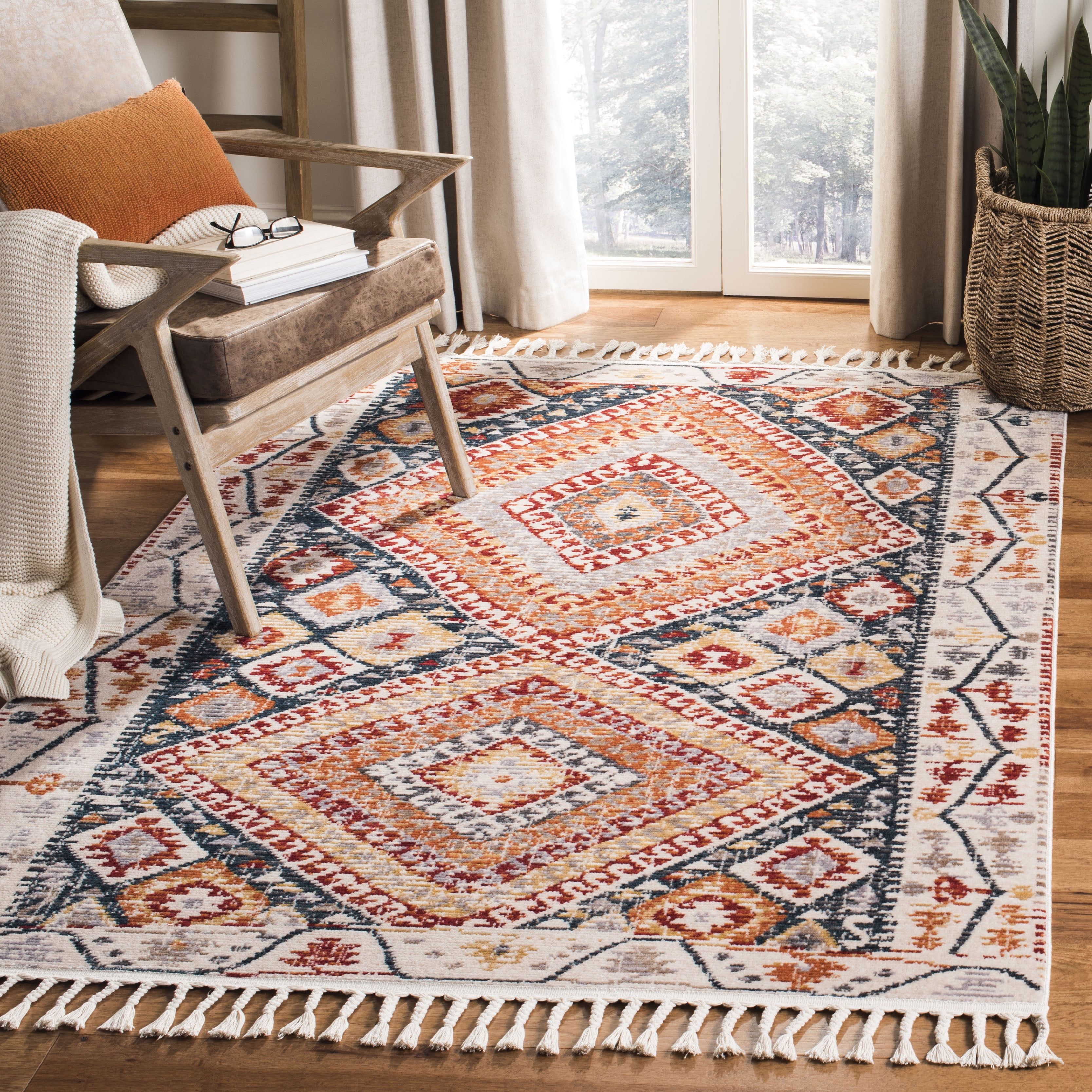 Bohemian Square Medallion 9' x 12' Blue and Ivory Braided Rug