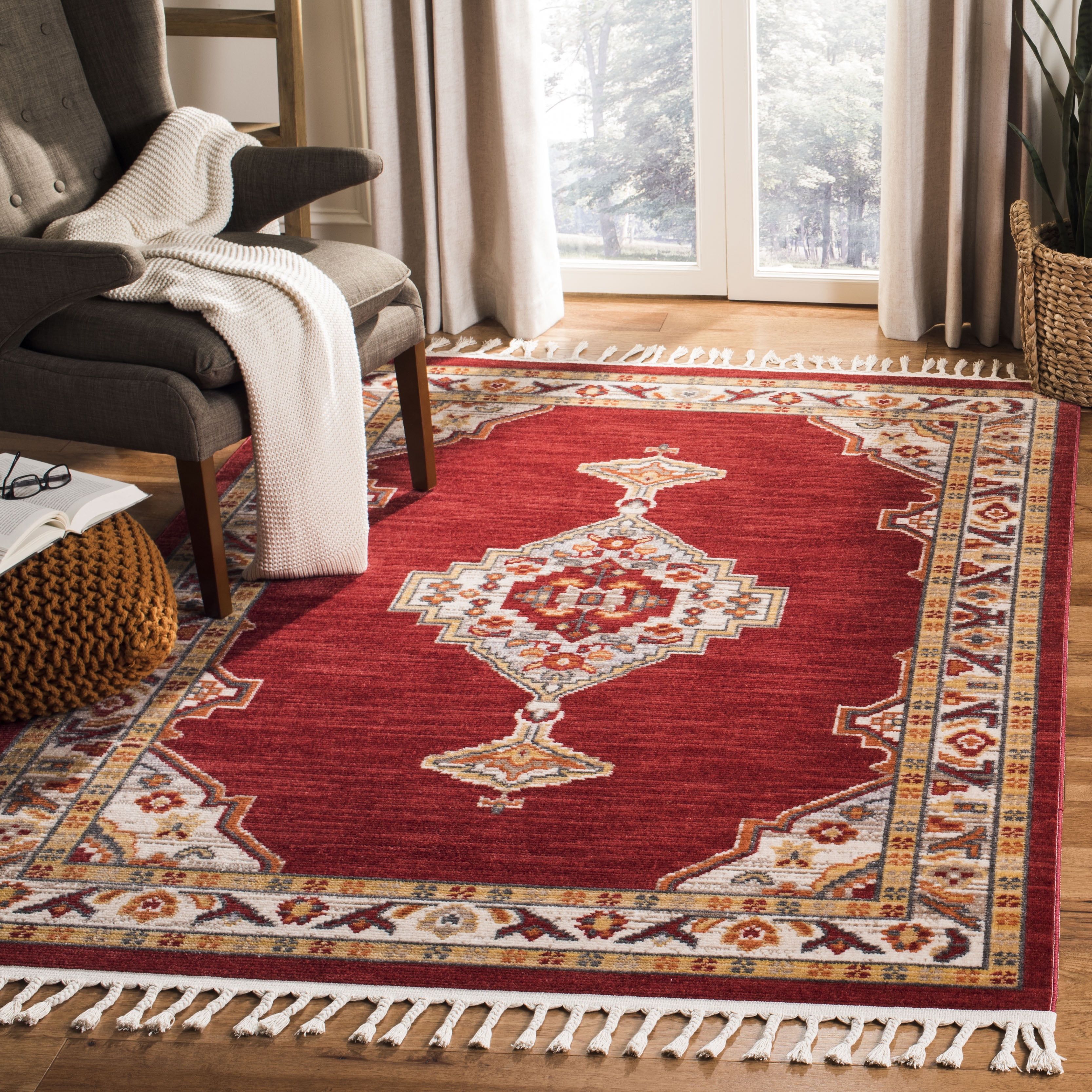 Handmade Bohemian Braided Medallion Rug in Cream and Red, 4' x 5'4"