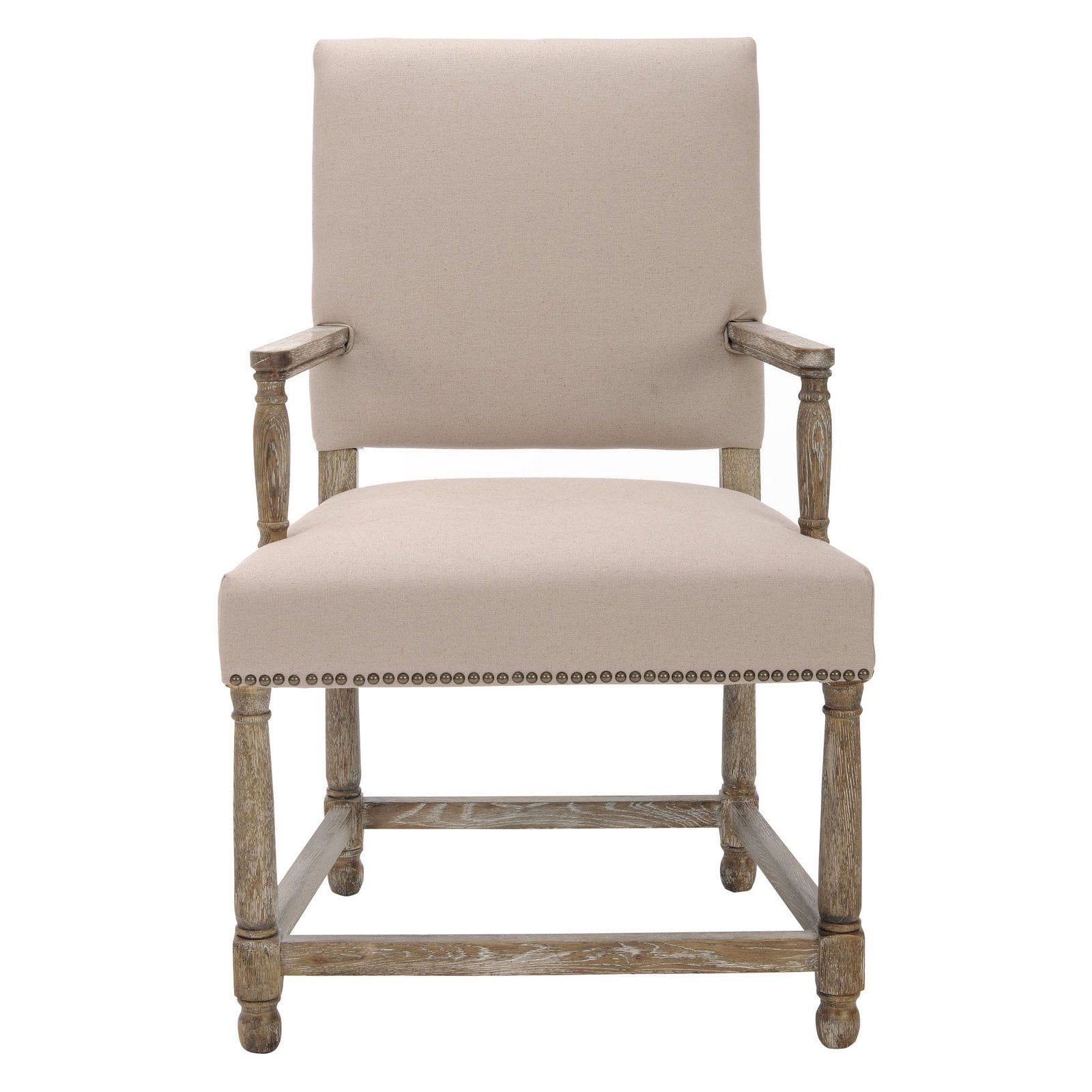 Beige Oak Wood Transitional Arm Chair with Linen Cushions