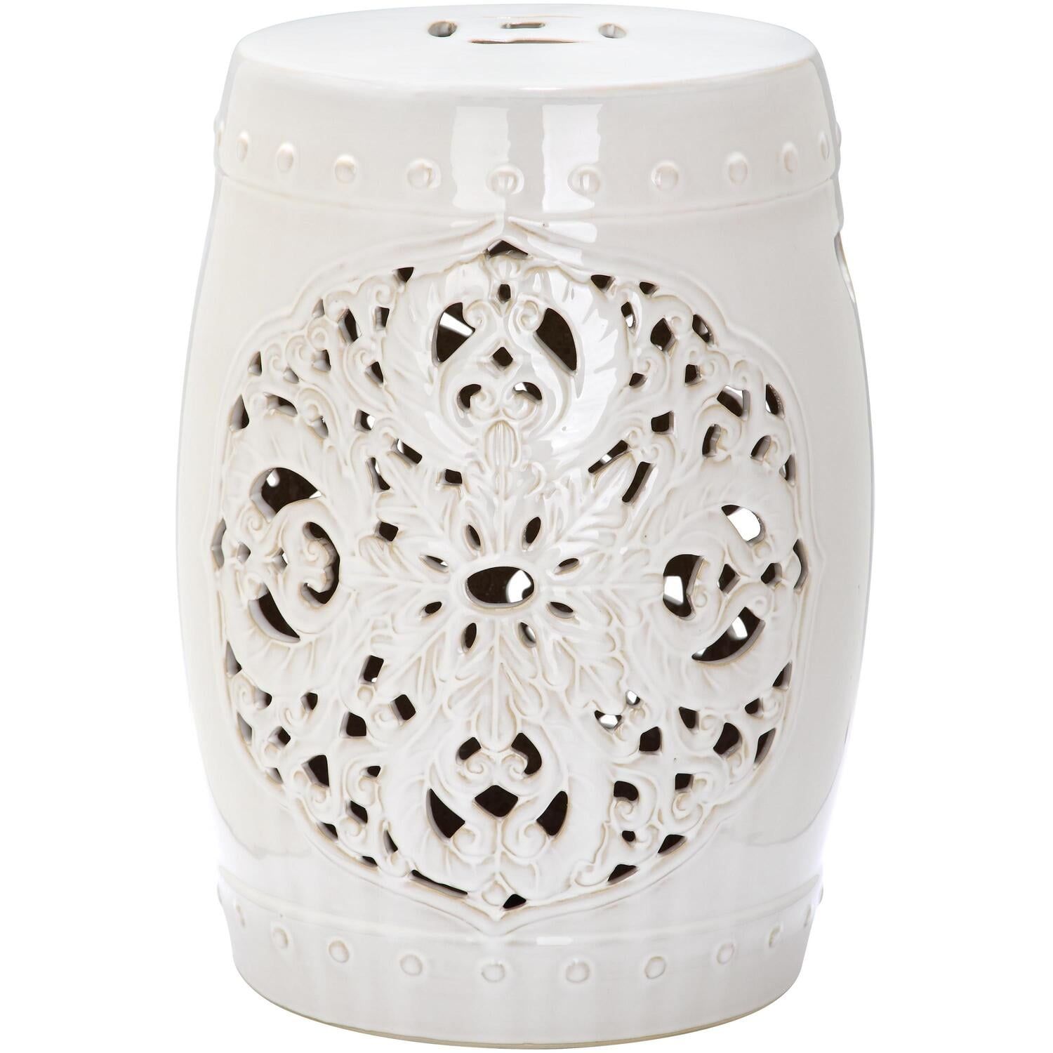 Flora White Glazed Ceramic Garden Stool with Leaf Motif