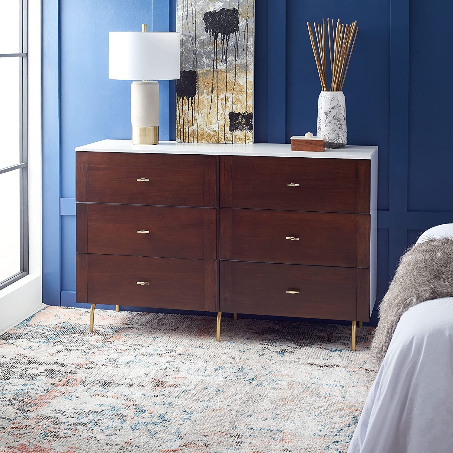 Genevieve Walnut and White 6-Drawer Dresser with Gold Accents