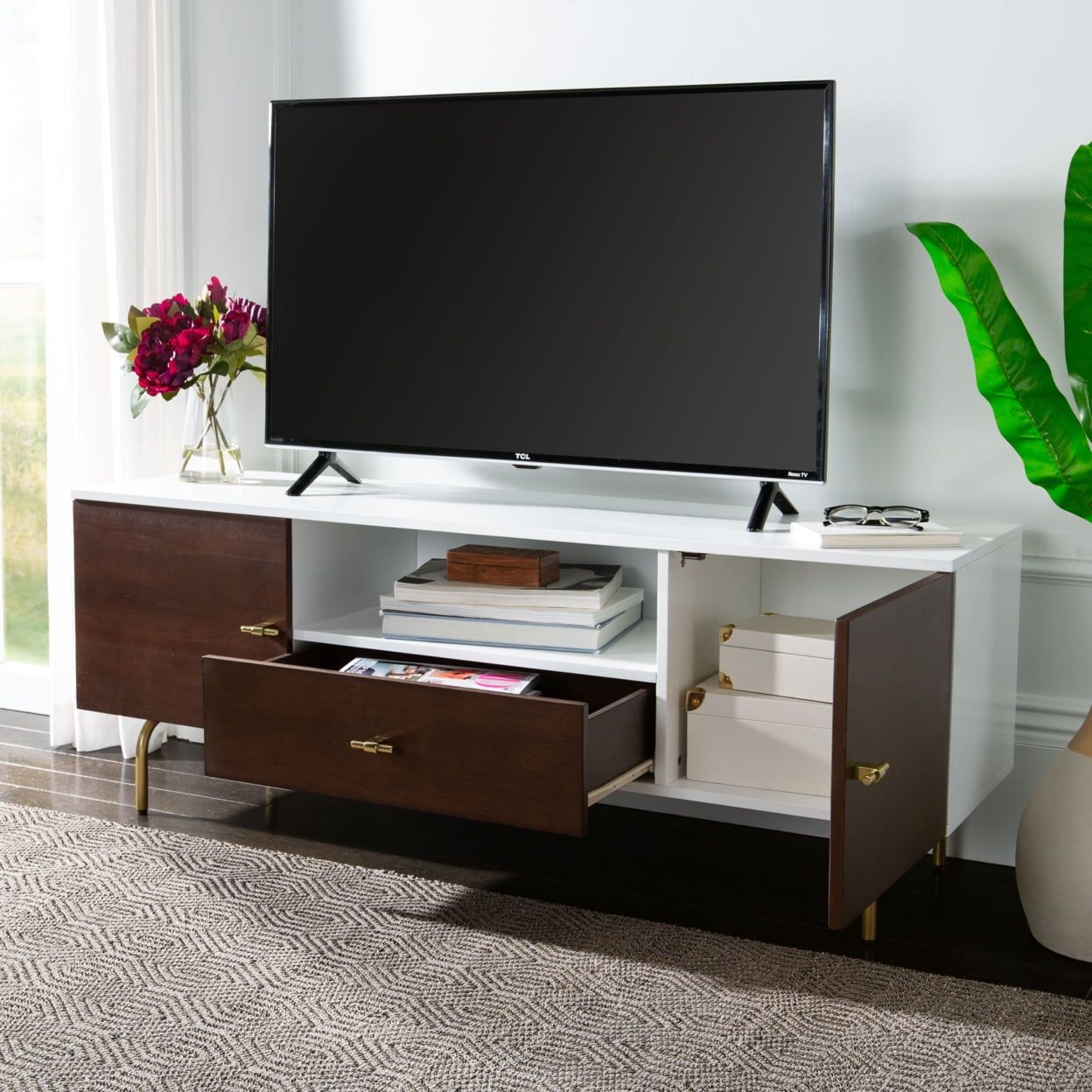 Genevieve 54" White and Walnut TV Stand with Gold Legs