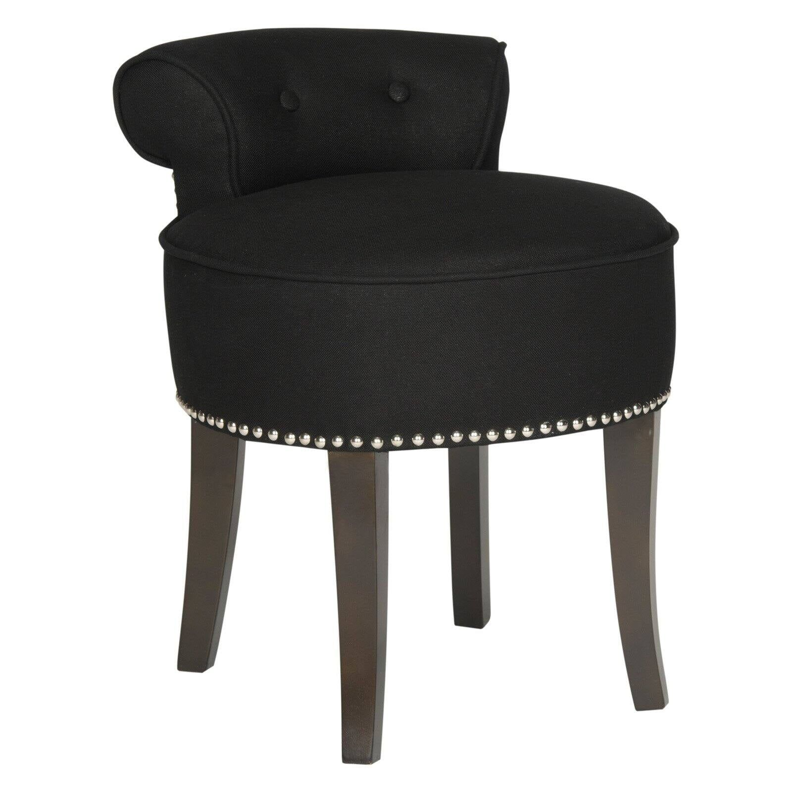 Petite Black Linen Birchwood Vanity Stool with Silver Nailhead Trim