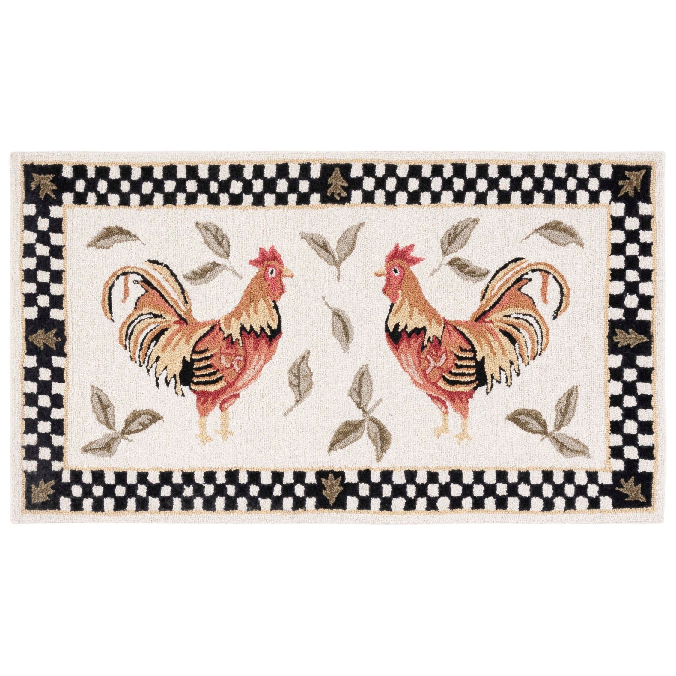 Handmade Black and Ivory Wool Rooster Rug, 30x20
